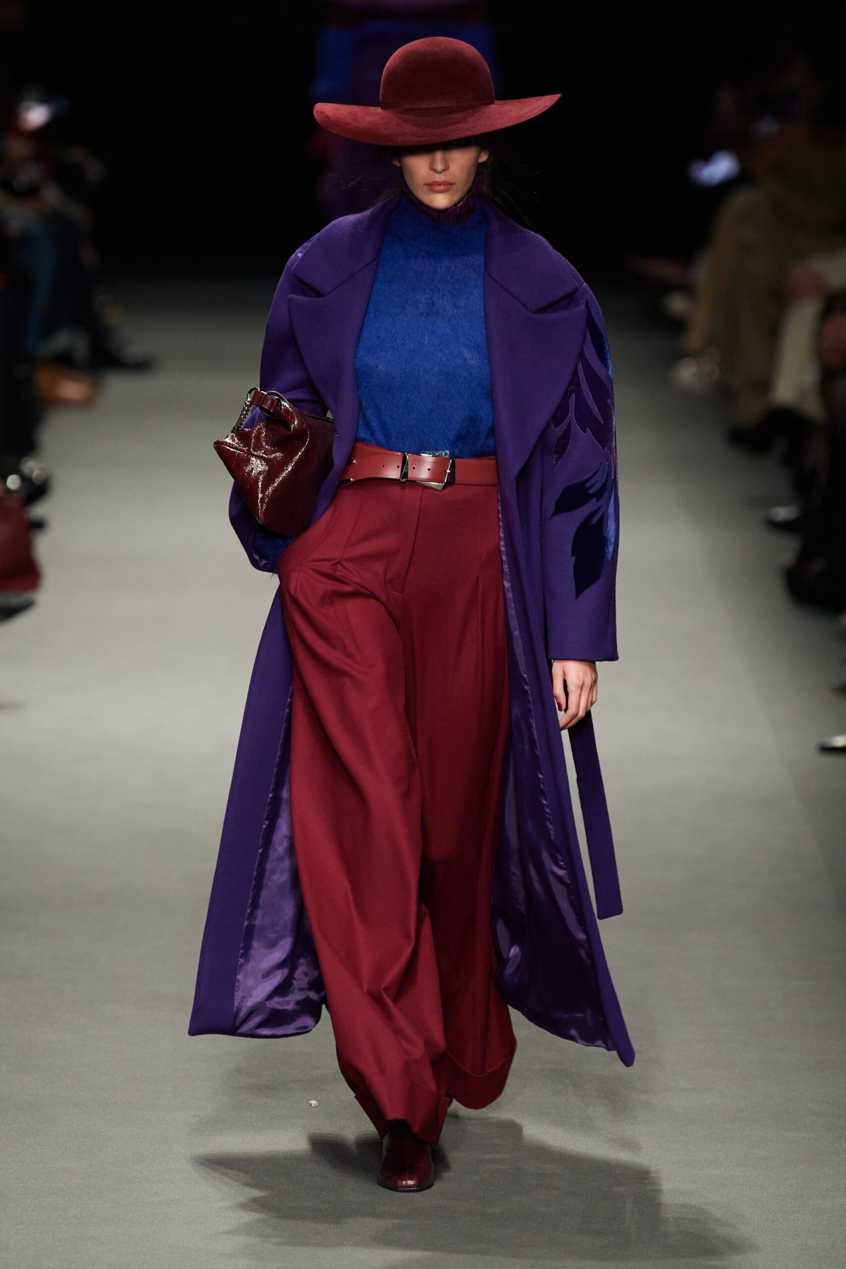 purple wool coat with blue top
