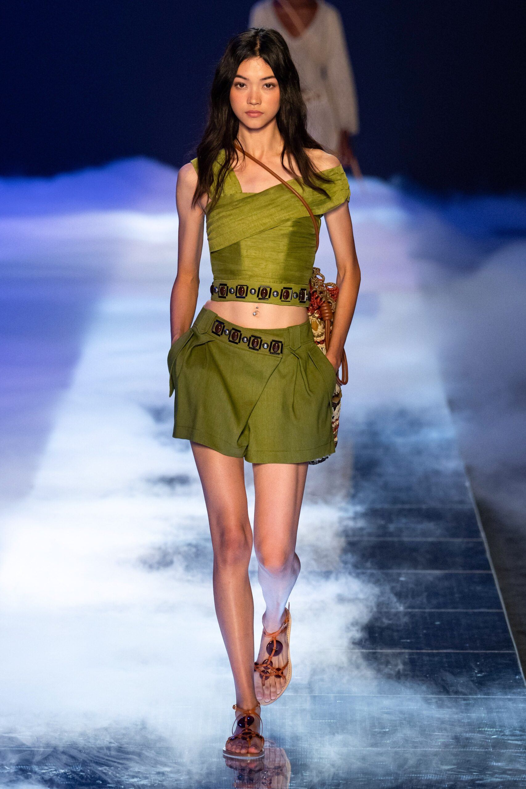 green cotton relaxed pleated short shorts