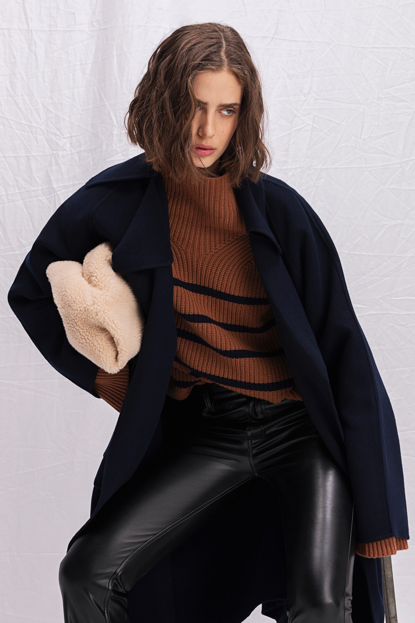 blue wool long-sleeve collared relaxed buttoned coat