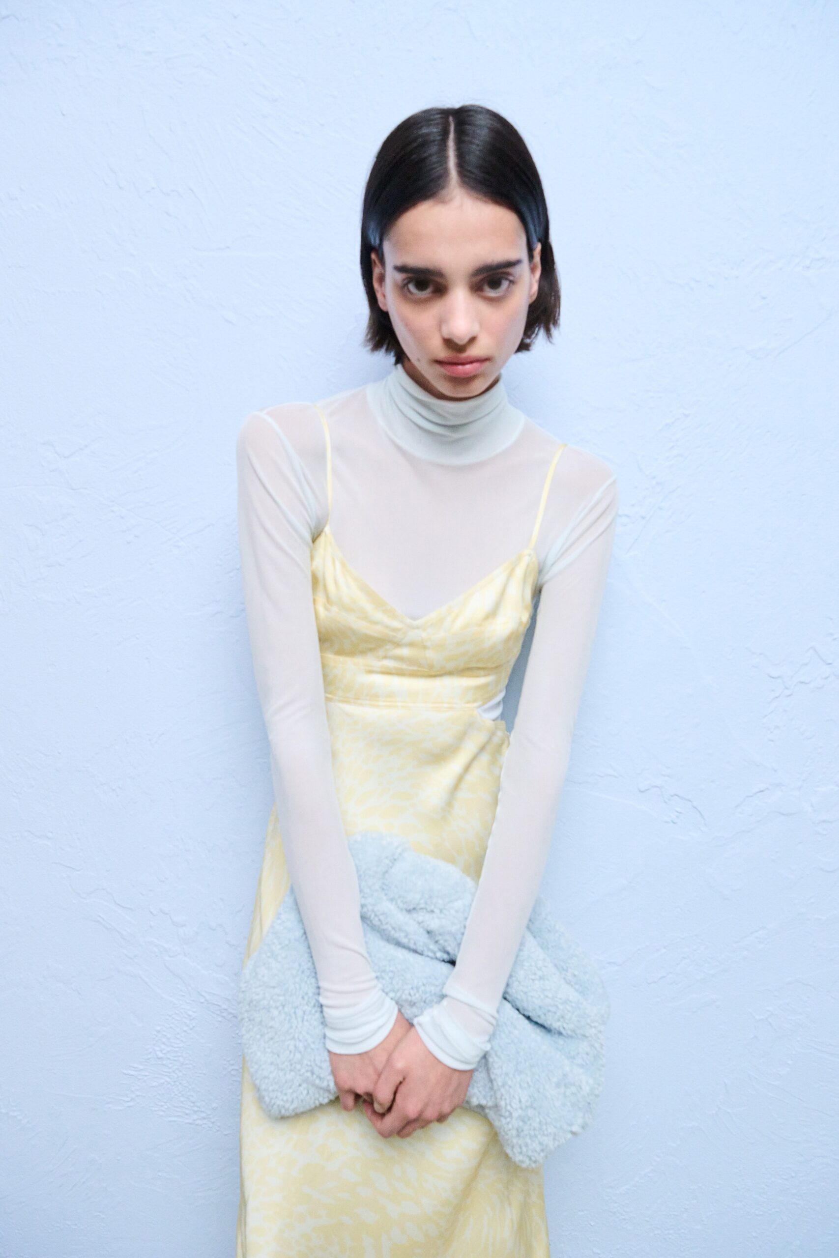 yellow silk midi dress with sheer top