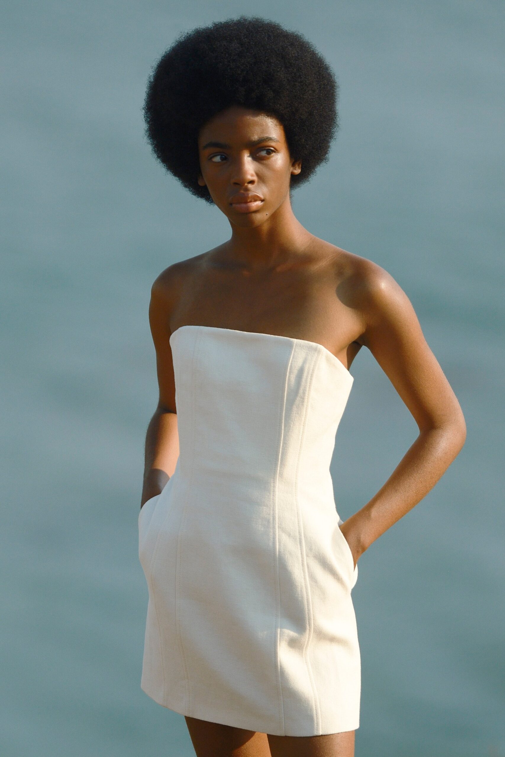 white fitted strapless mini dress