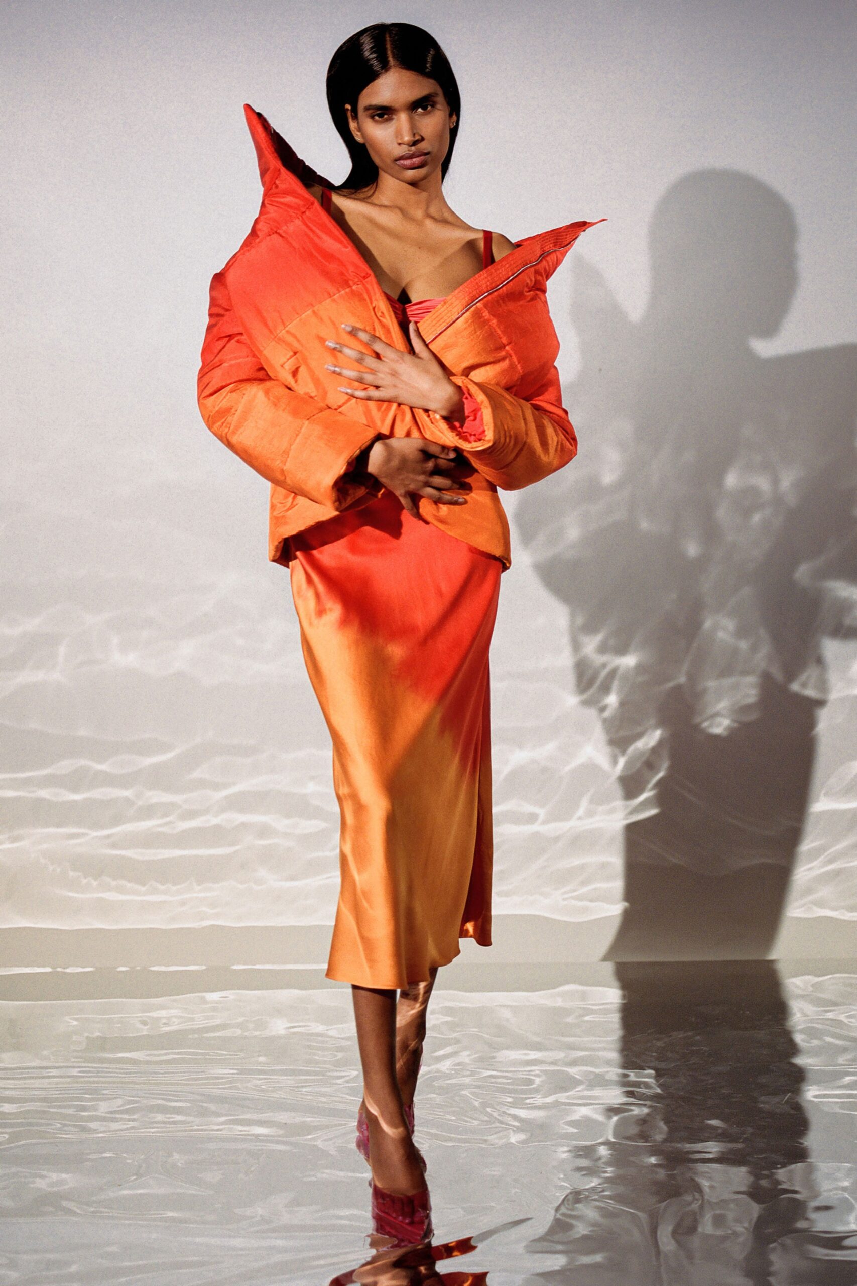 fitted orange silk jacket and dress
