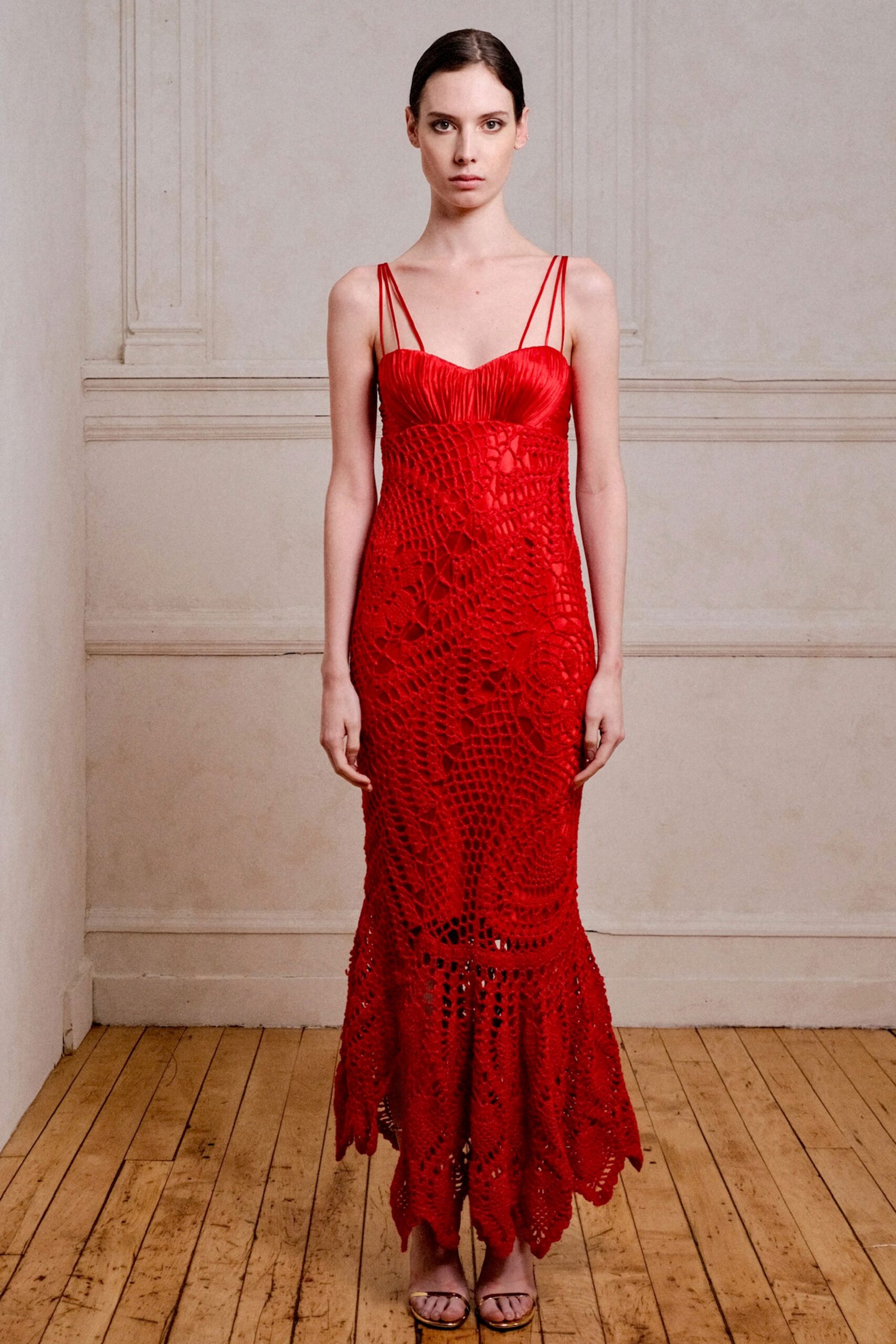 fitted red embroidered gown