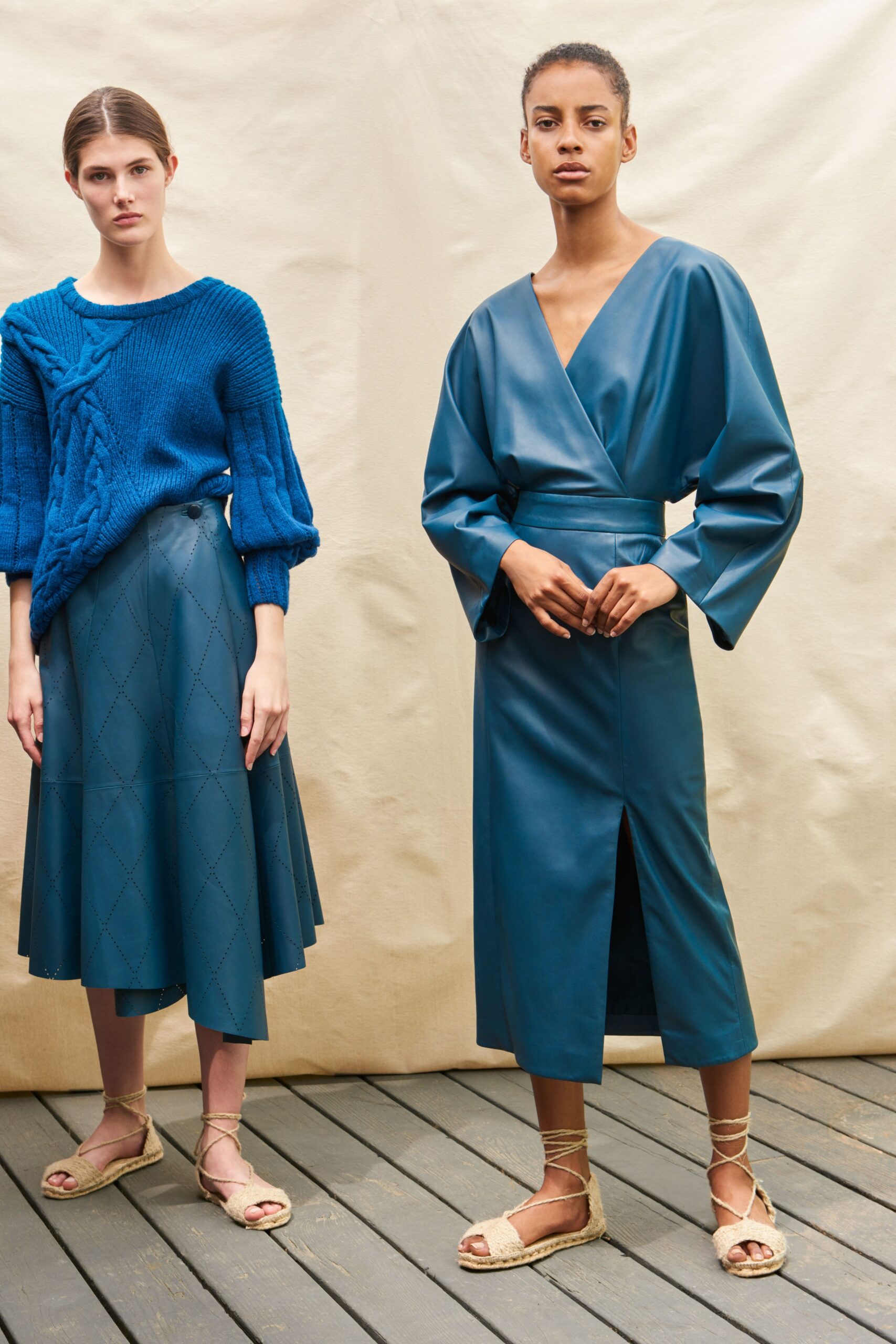 blue sweater and teal midi skirt