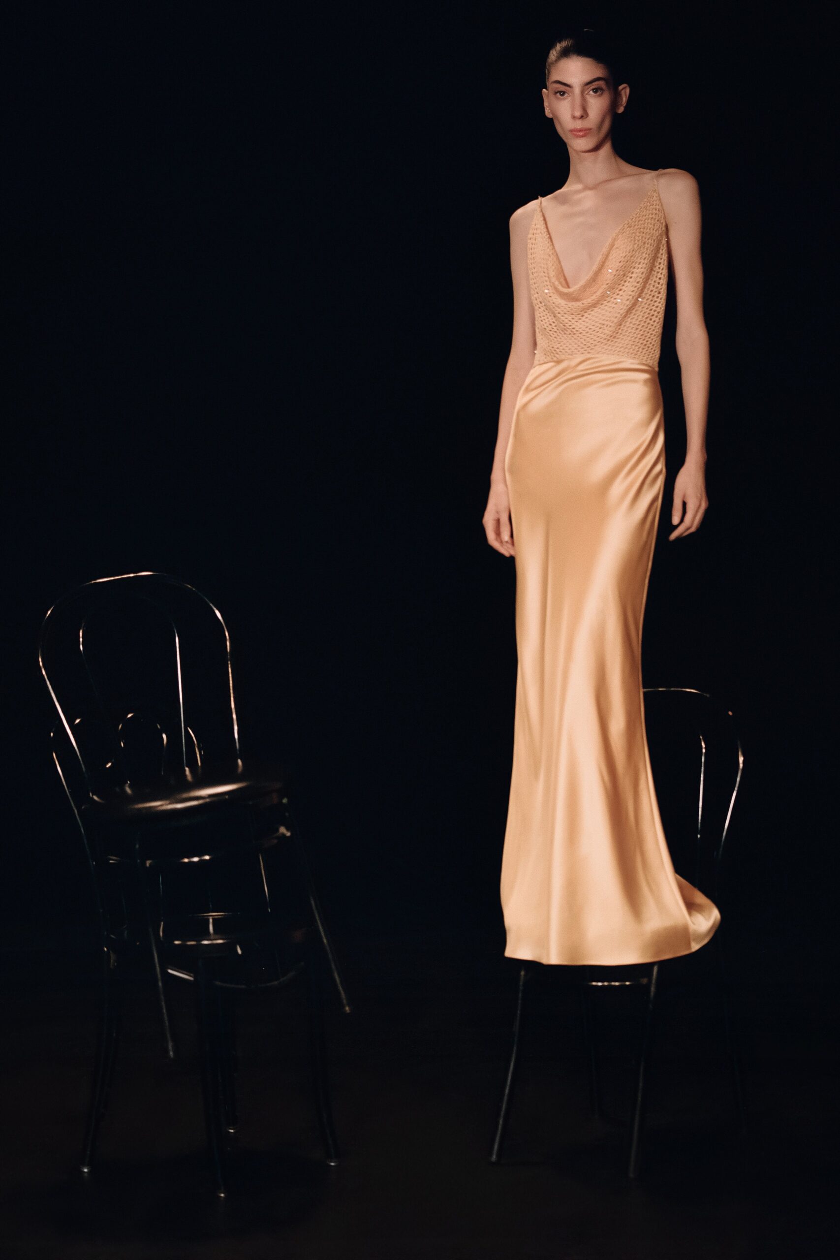 fitted peach silk gown