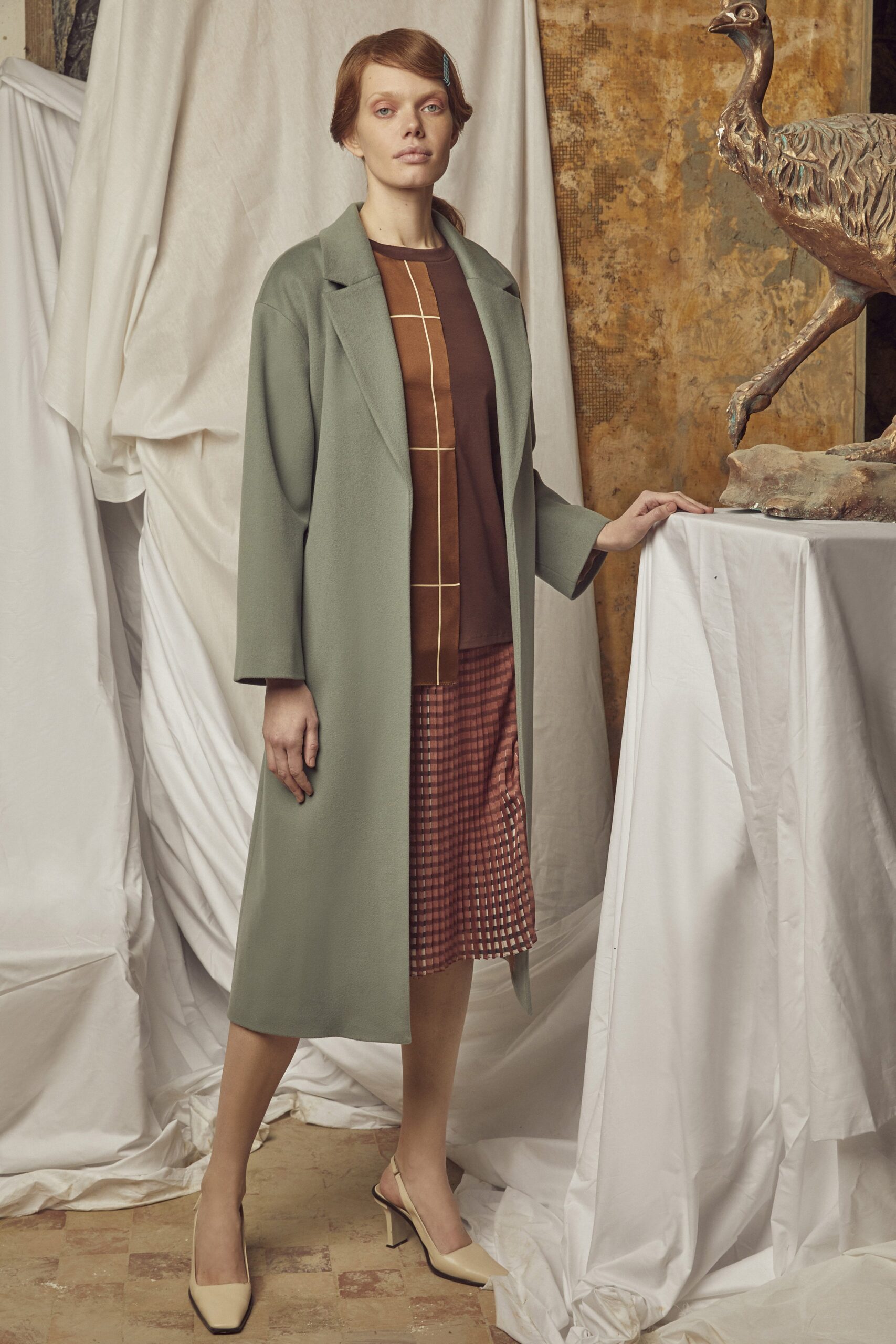 green wool long-sleeve collared relaxed straight-leg midi coat