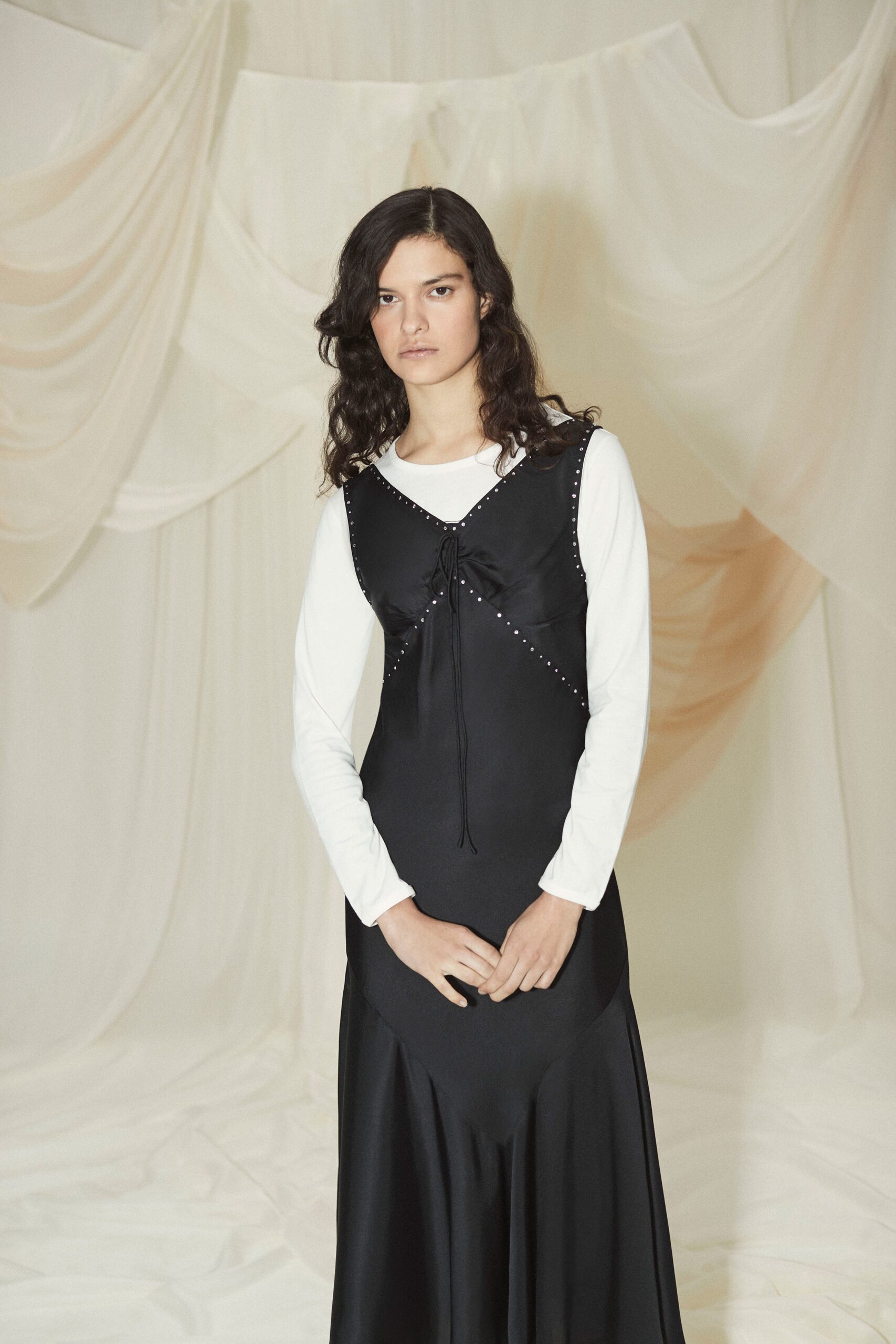 black silk maxi dress and white top