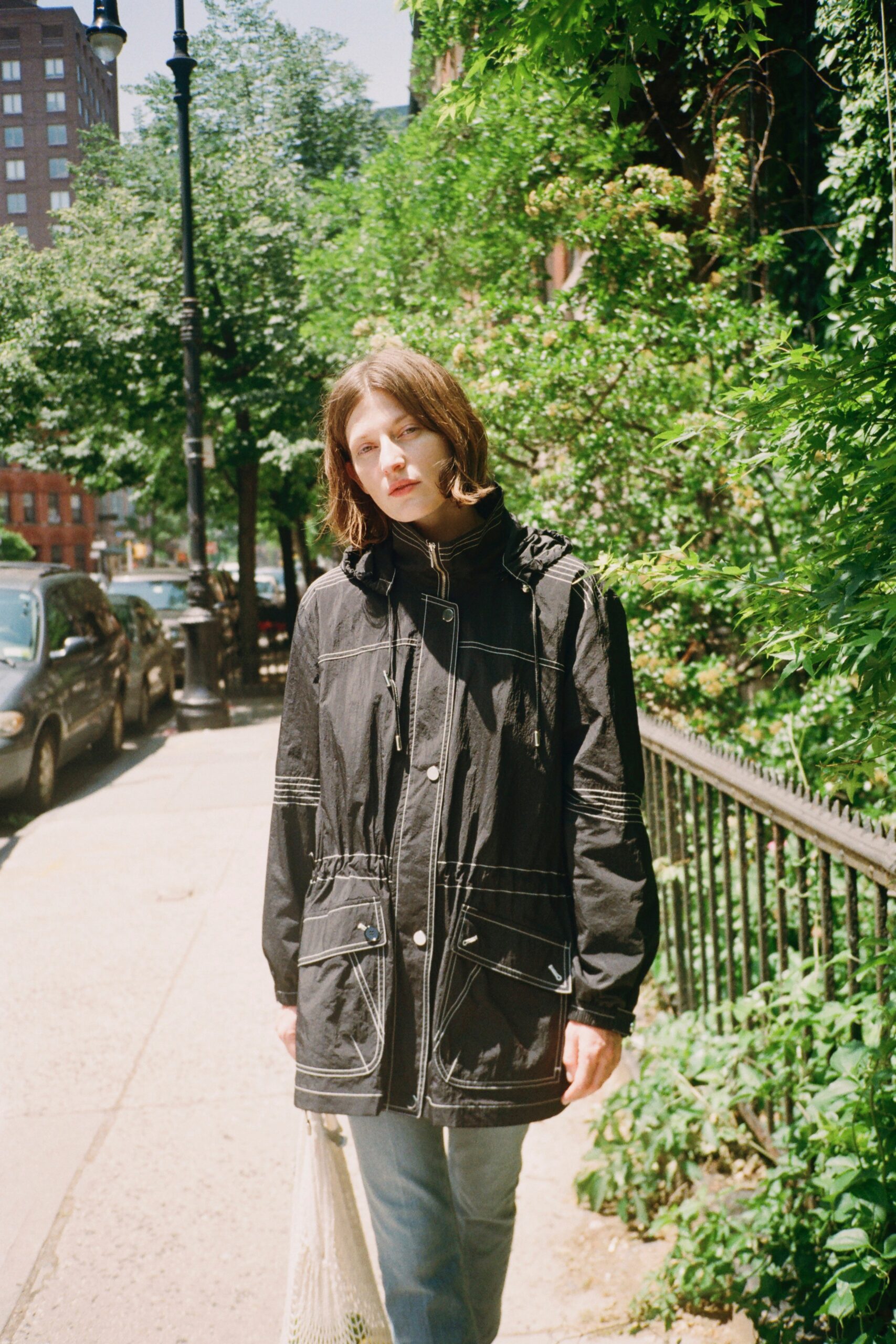 black cotton long-sleeve hooded relaxed zippered pockets jacket