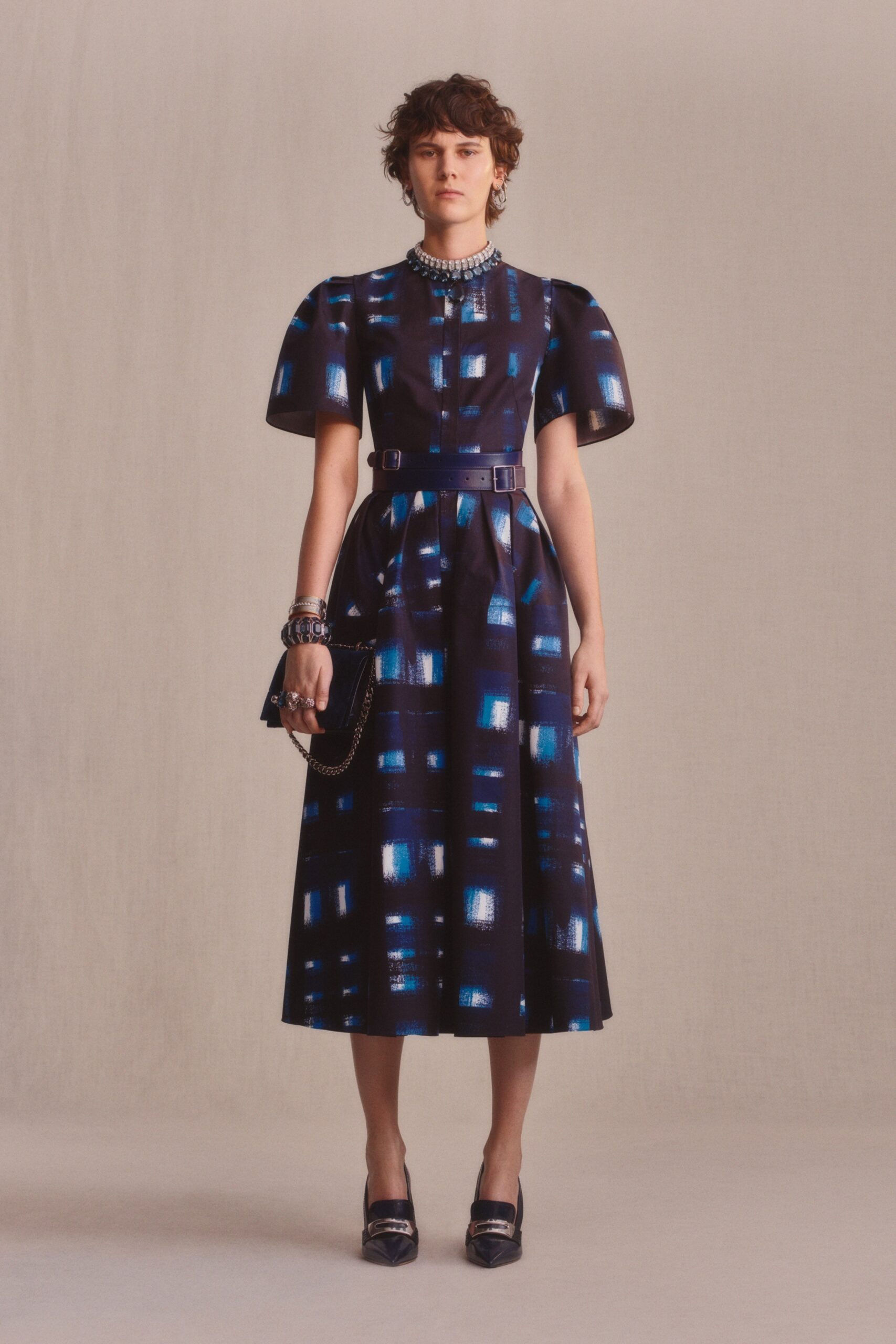 blue and black fitted midi dress