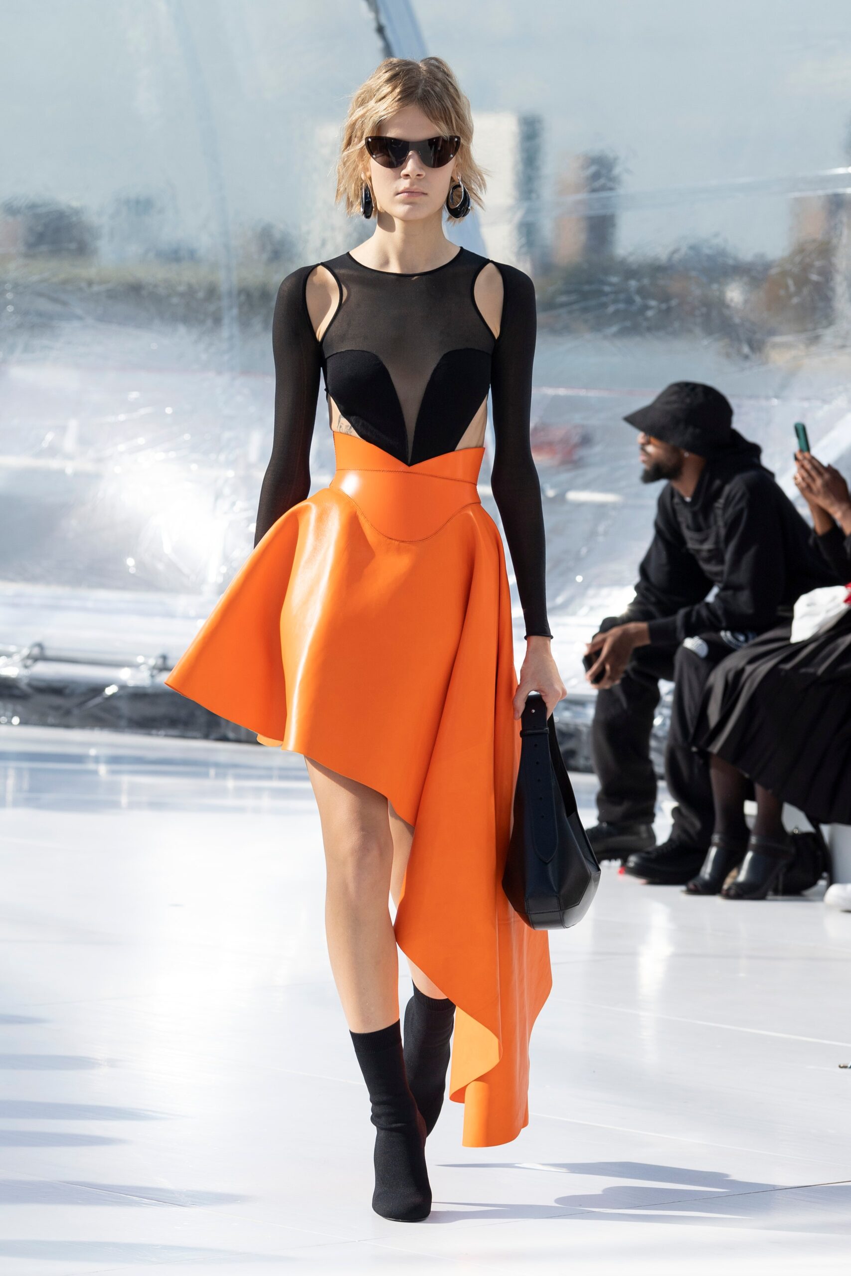 black and orange asymmetric dress