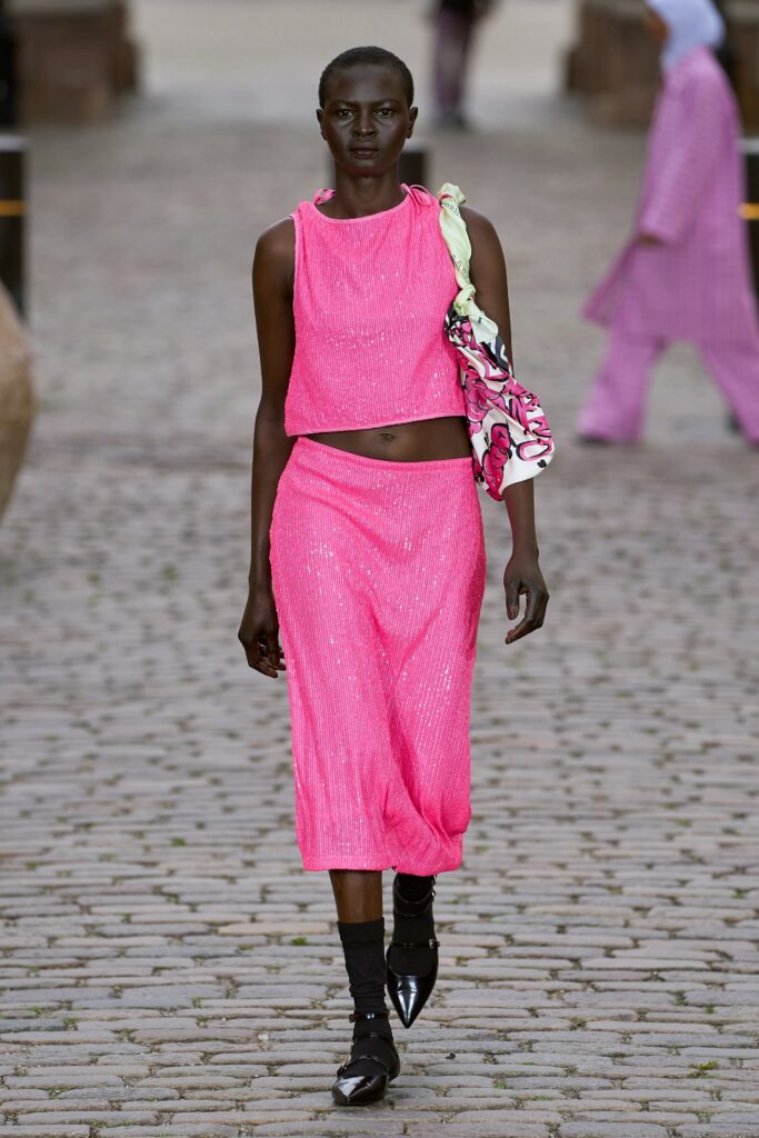pink sequin crop-top and skirt