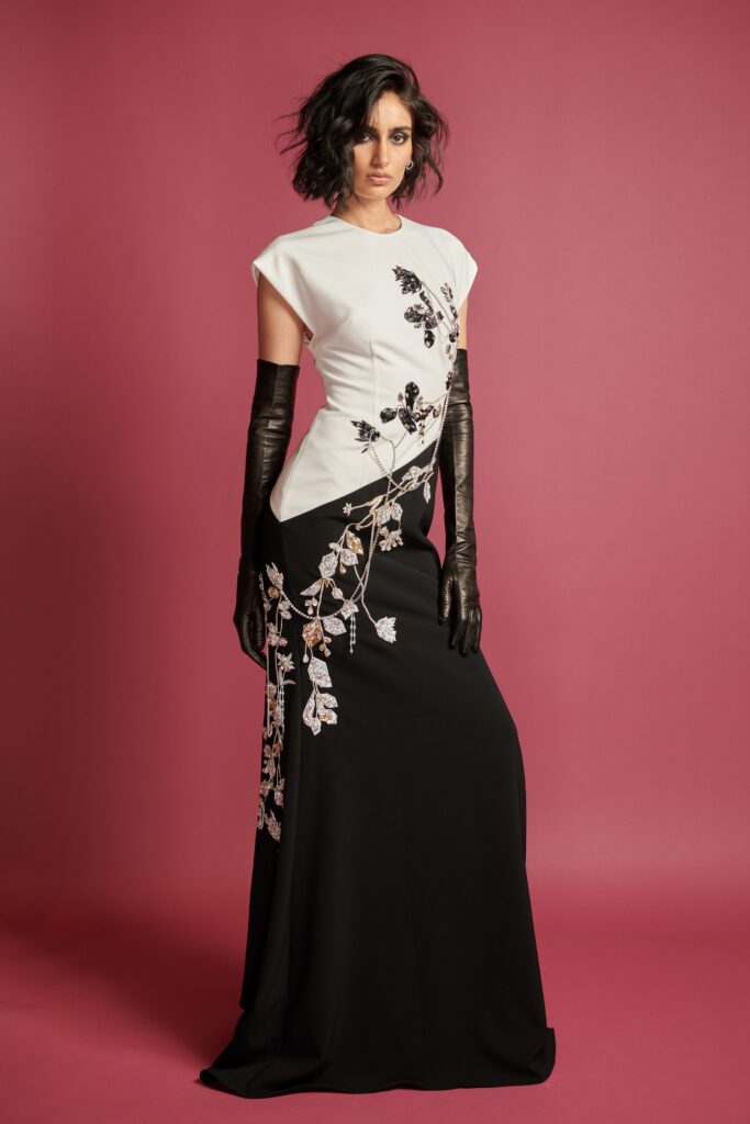 black and white embroidered gown