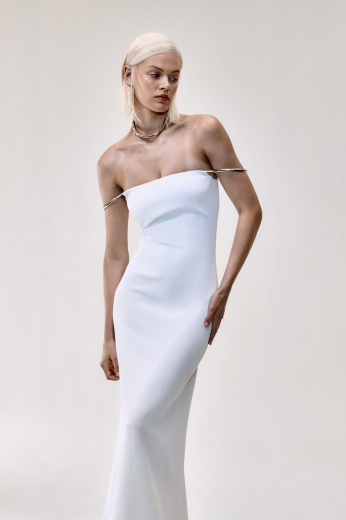 fitted white silk gown