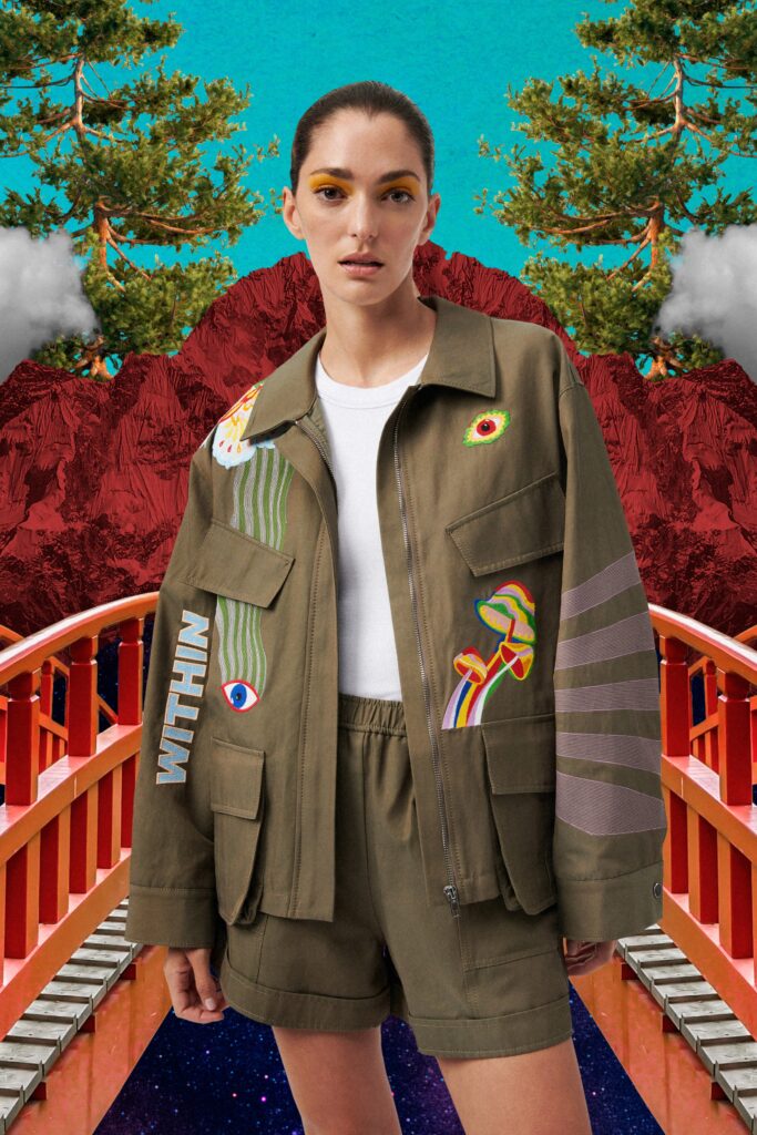 A relaxed green cotton jacket with embroidery paired with matching shorts.