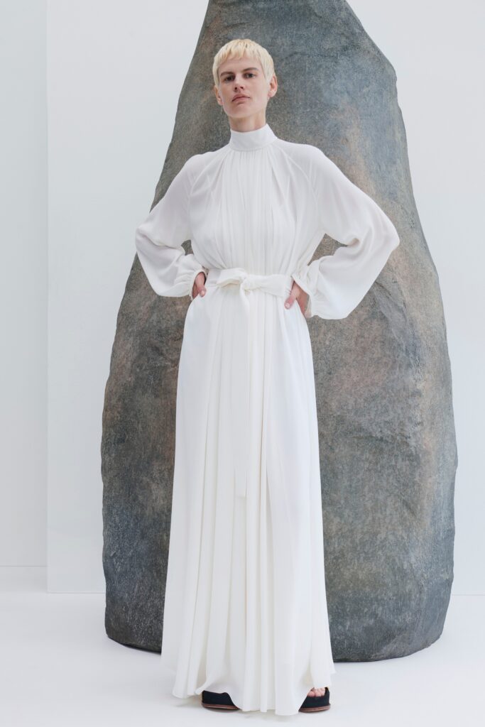 white silk pleated gown