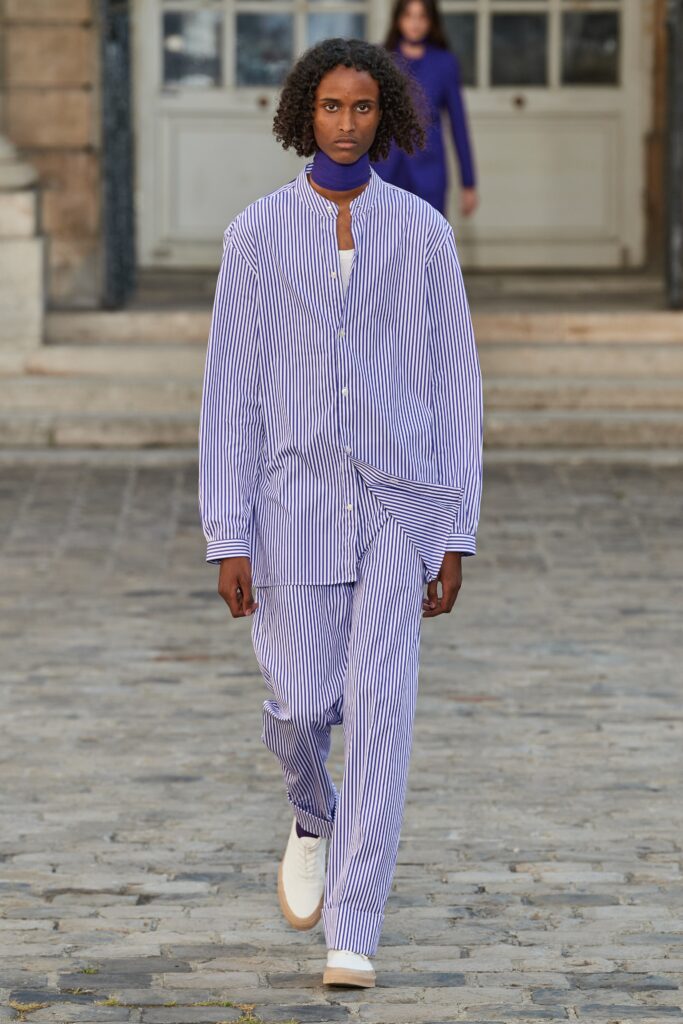 blue and white striped shirt and pants