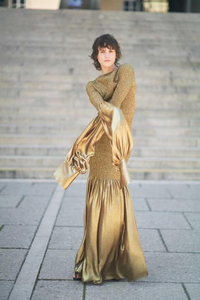 gold silk long-sleeve gown