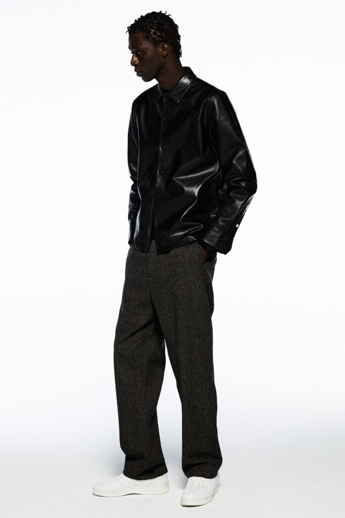 black leather shirt gray wide-leg pants