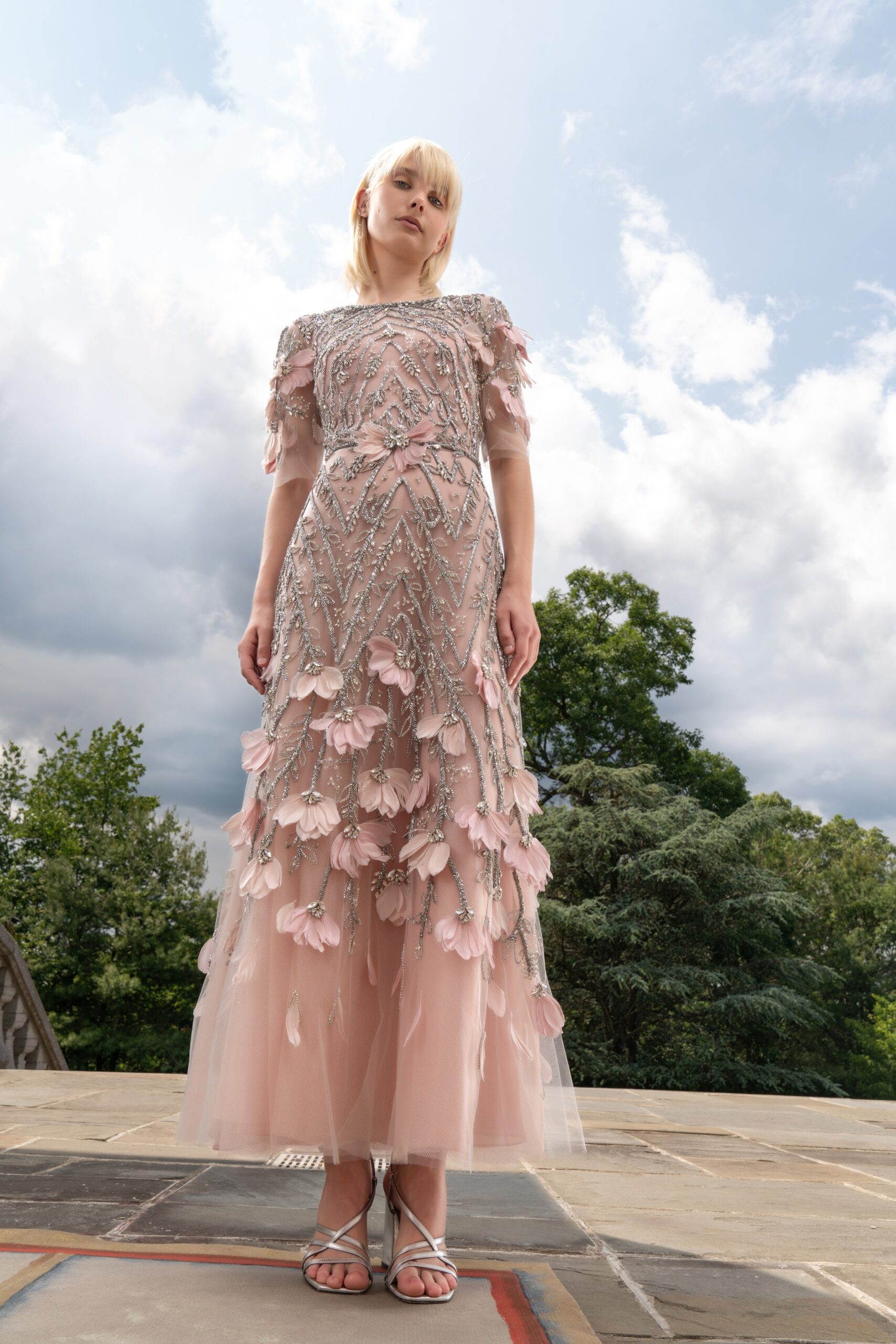 A fitted pink tulle gown with short sleeves, high neckline, and tiered embroidered details.