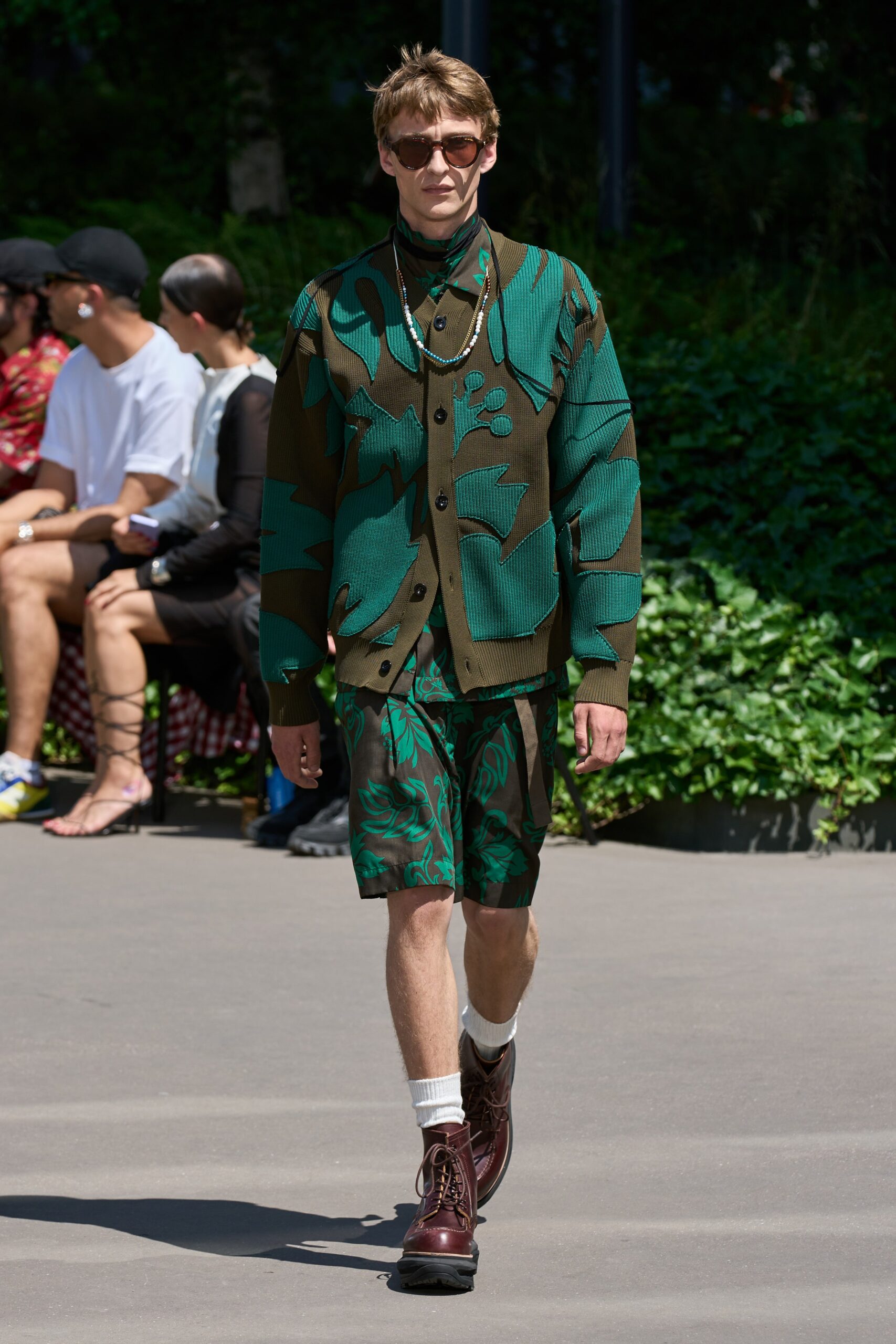 green and brown printed cardigan with shorts