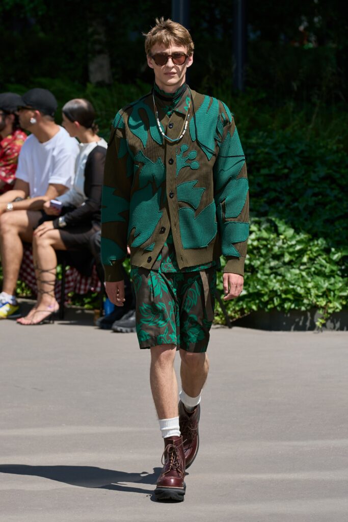 A relaxed-fit green printed short-sleeve shirt paired with matching shorts.