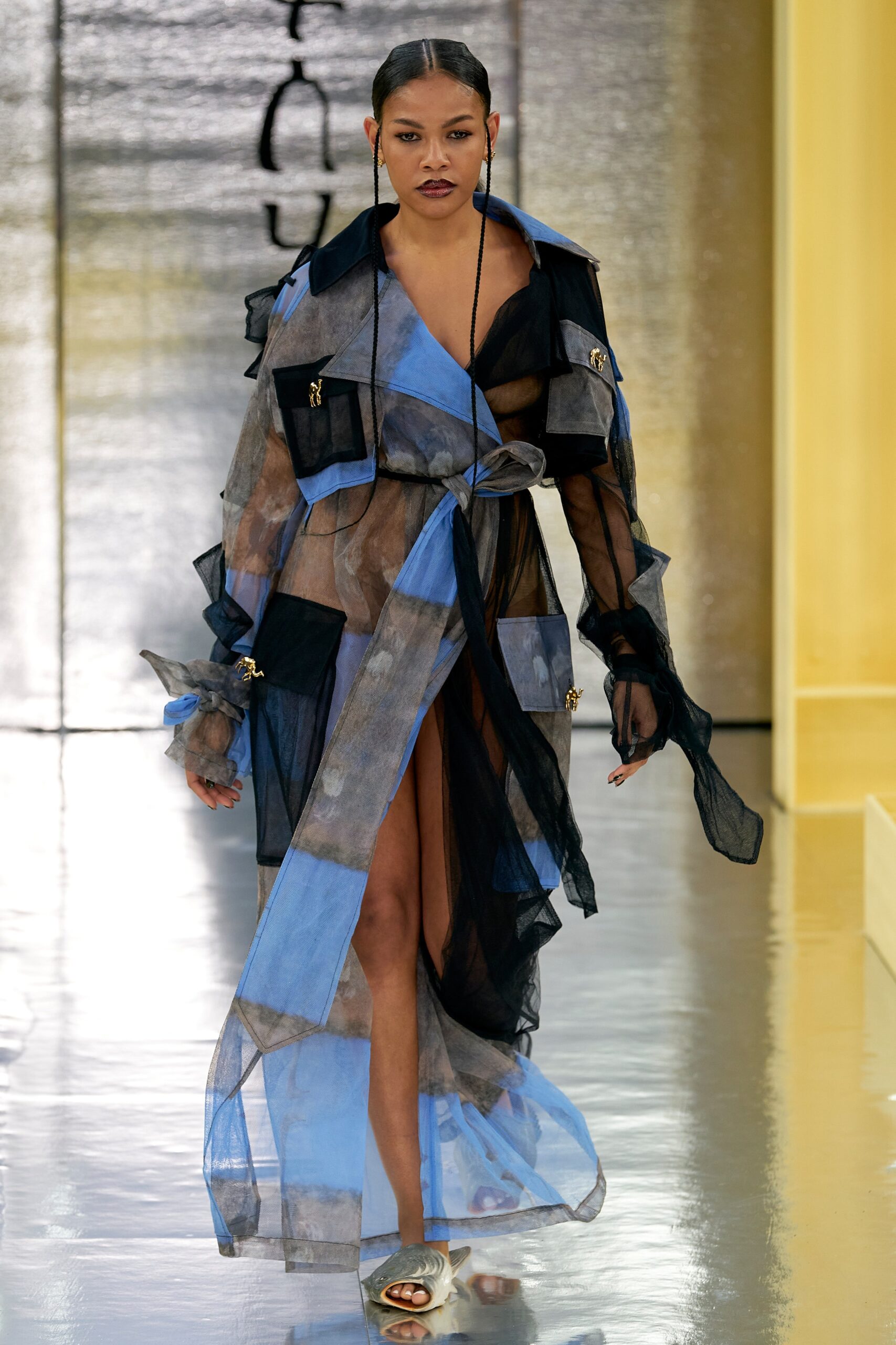 blue black sheer layered dress