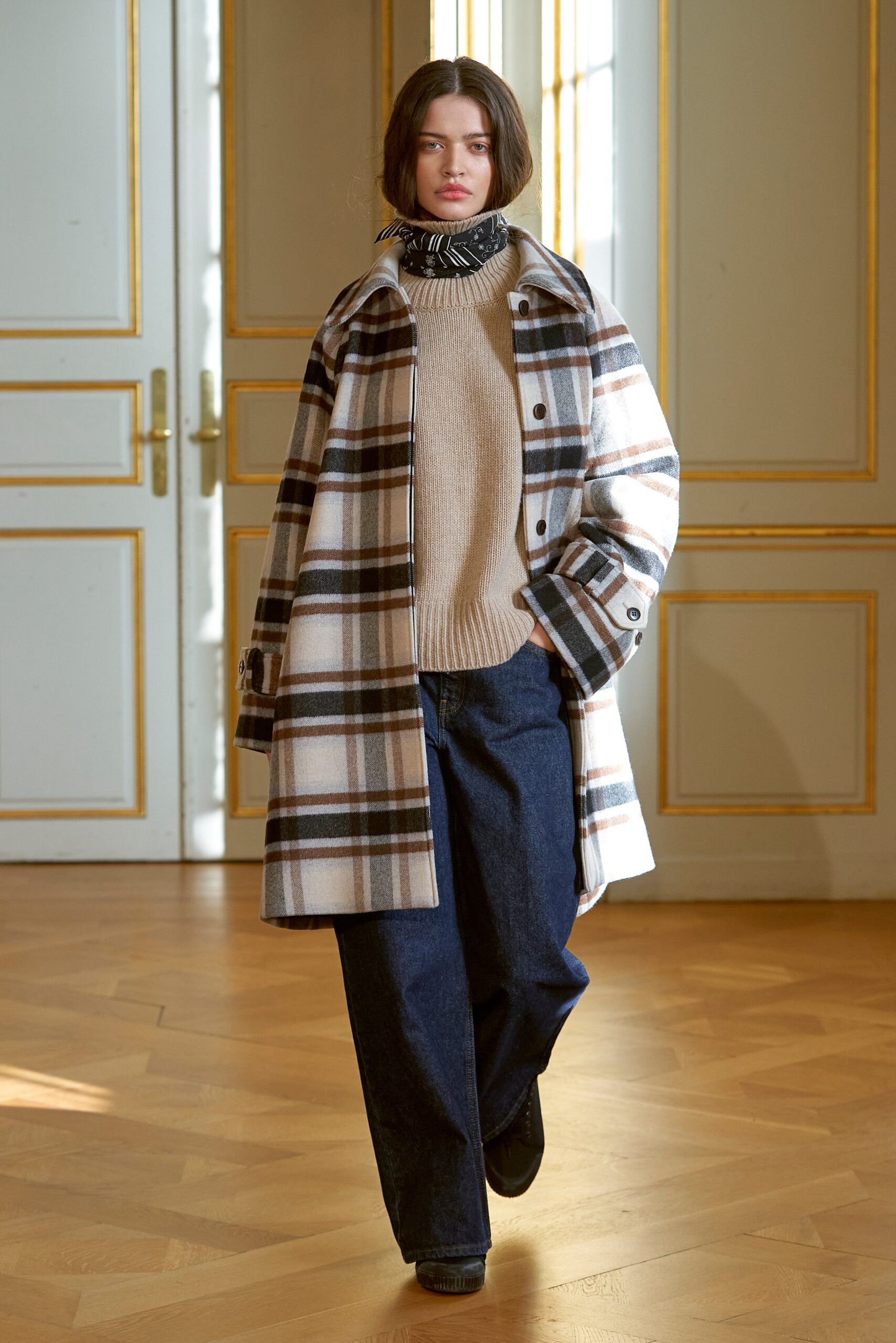 plaid coat with beige sweater