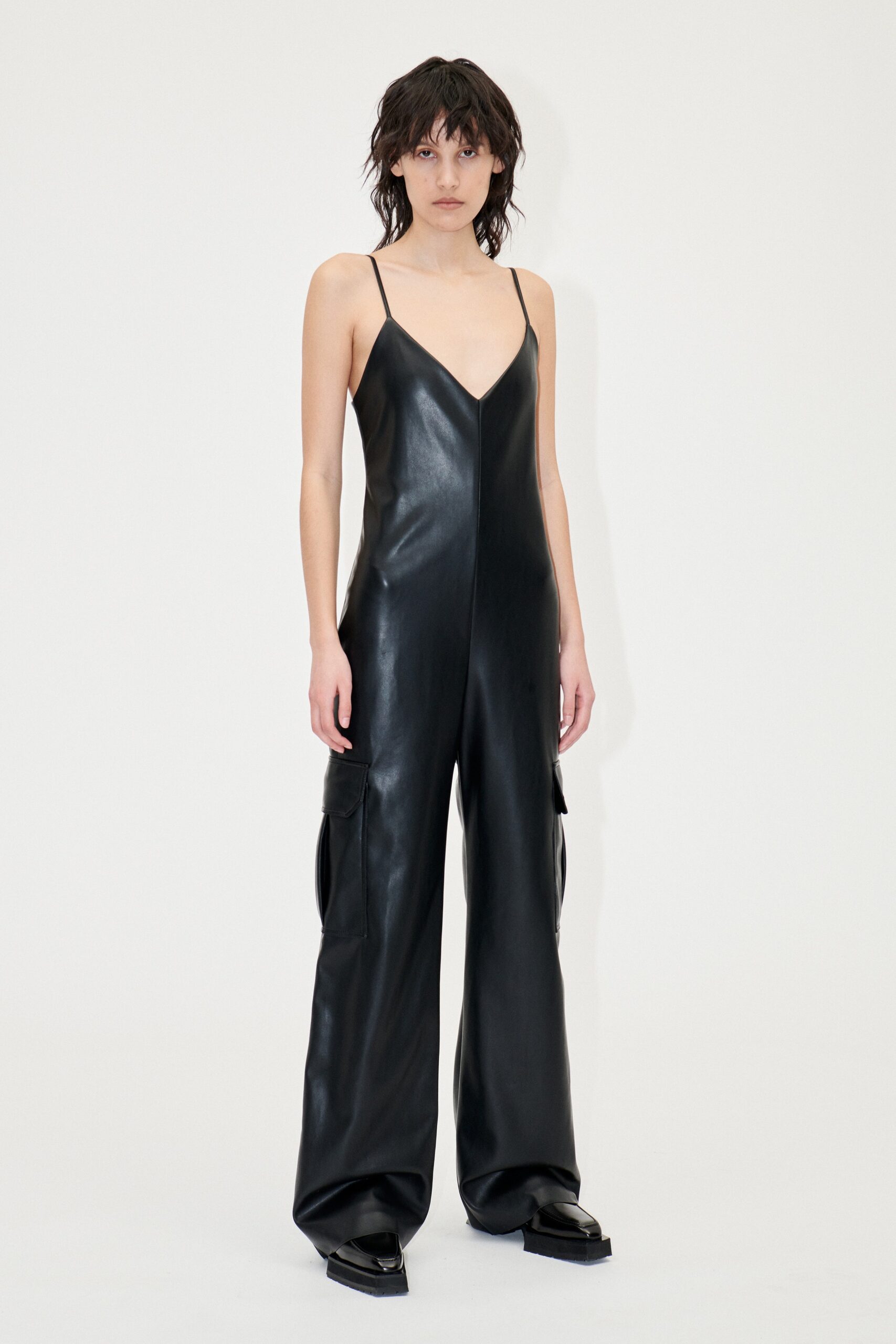 black leather sleeveless jumpsuit