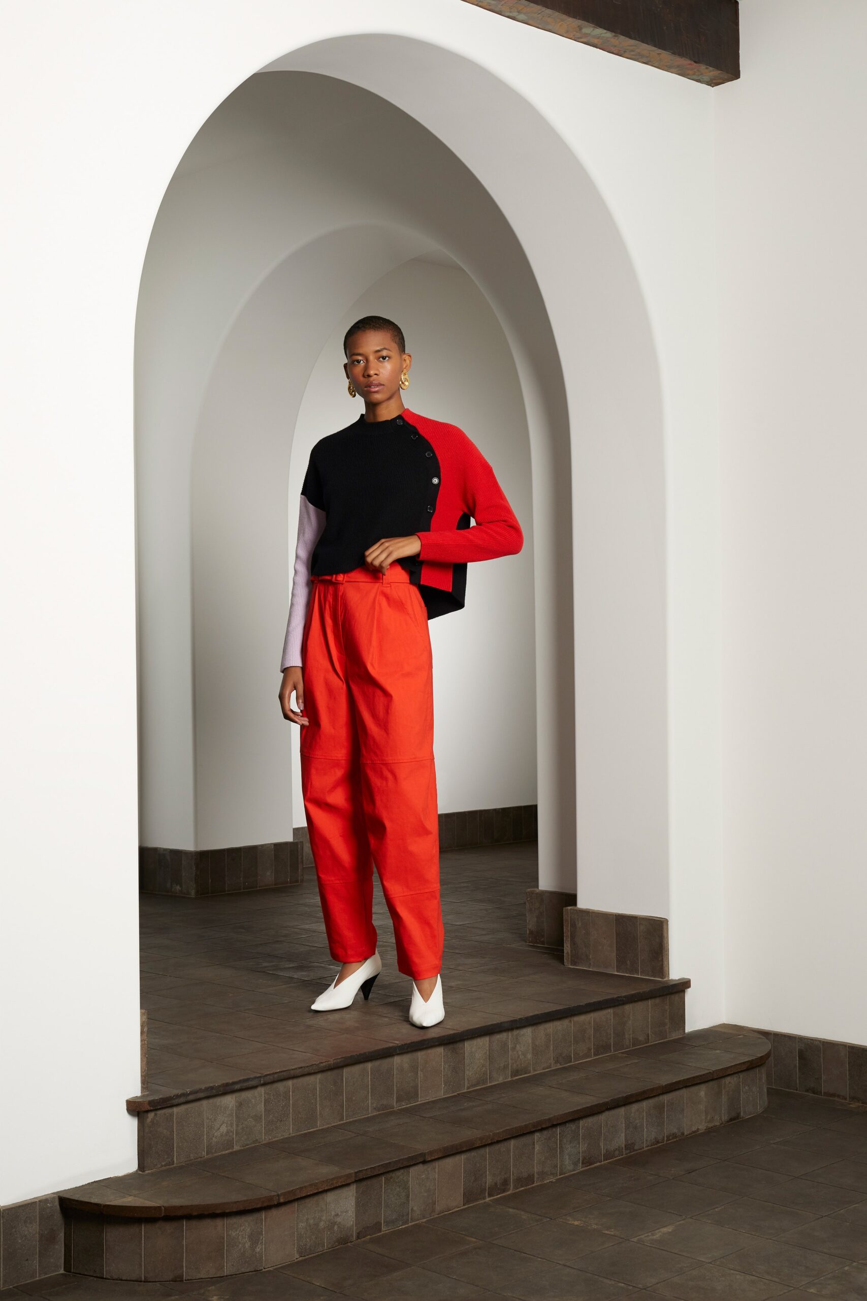 color-blocked top with relaxed pants
