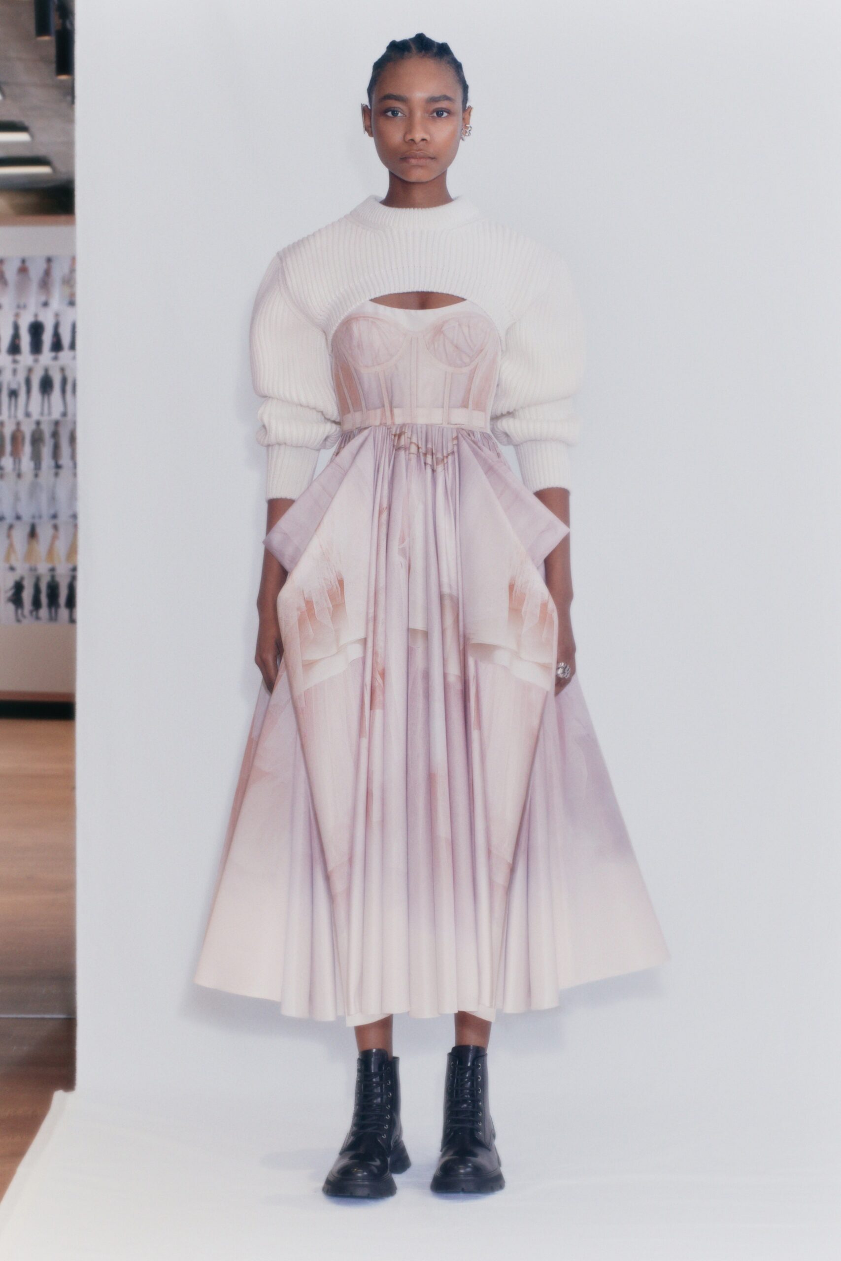 pink pleated midi dress with sweater
