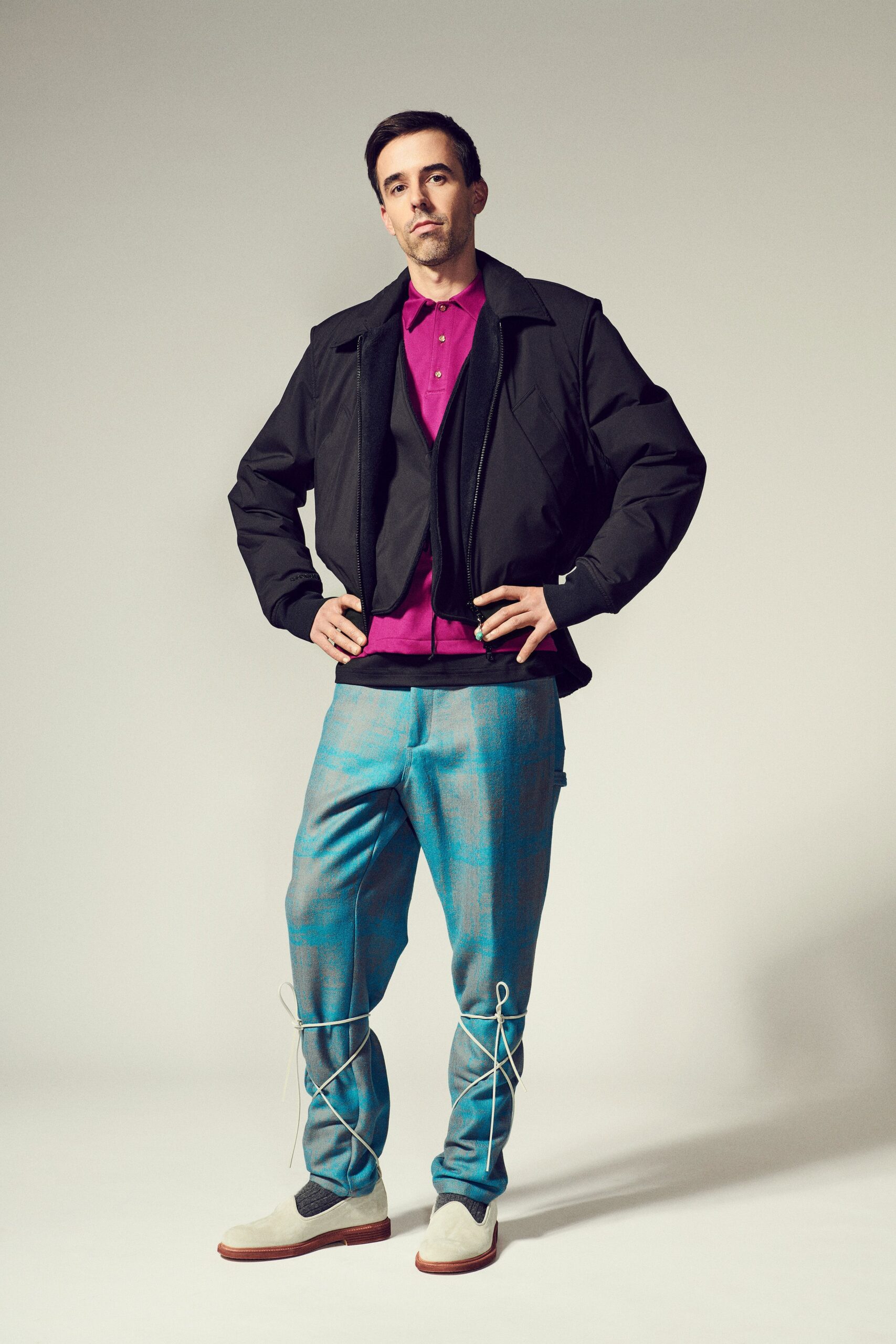 black jacket purple shirt tailored pants