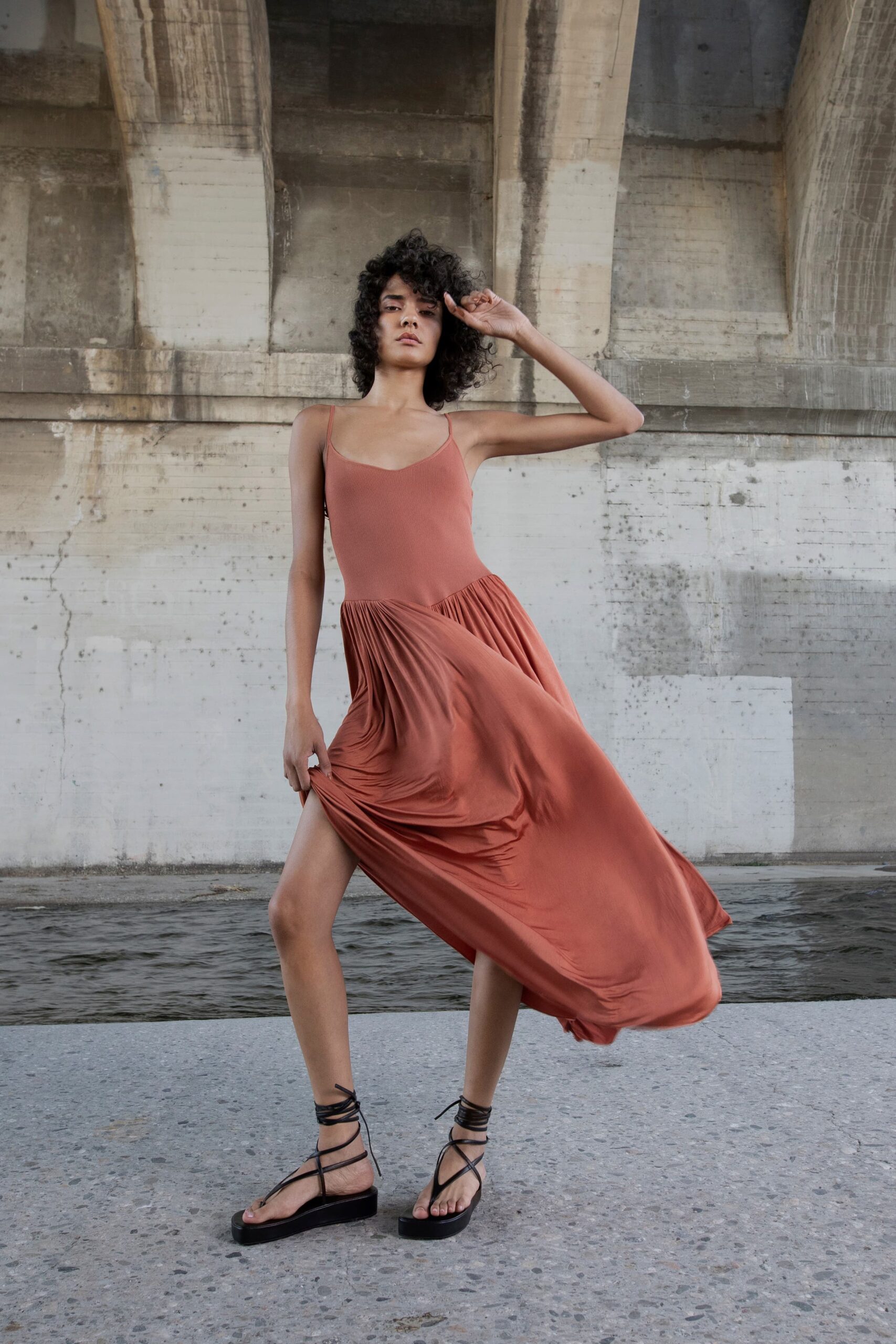 brown cotton sleeveless v-neck fitted tiered flowing dress