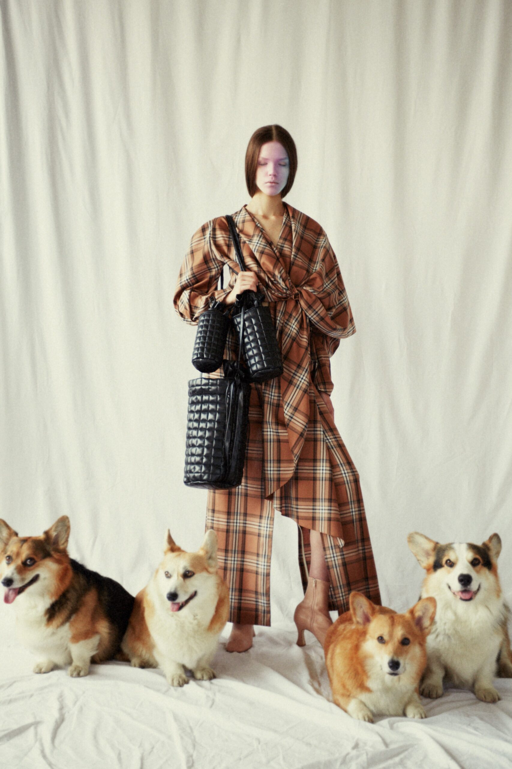 brown beige checked midi dress