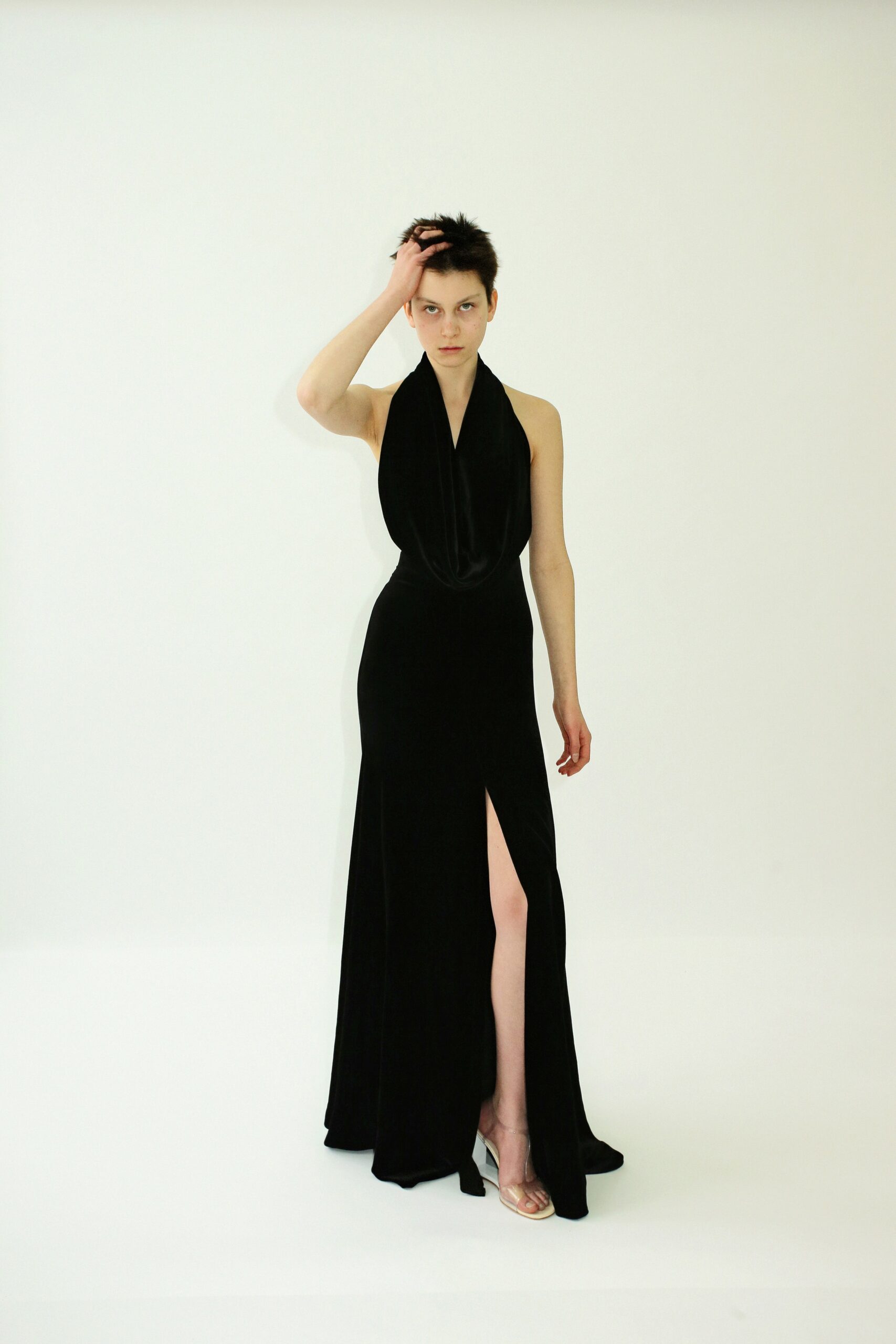 black velvet sleeveless gown