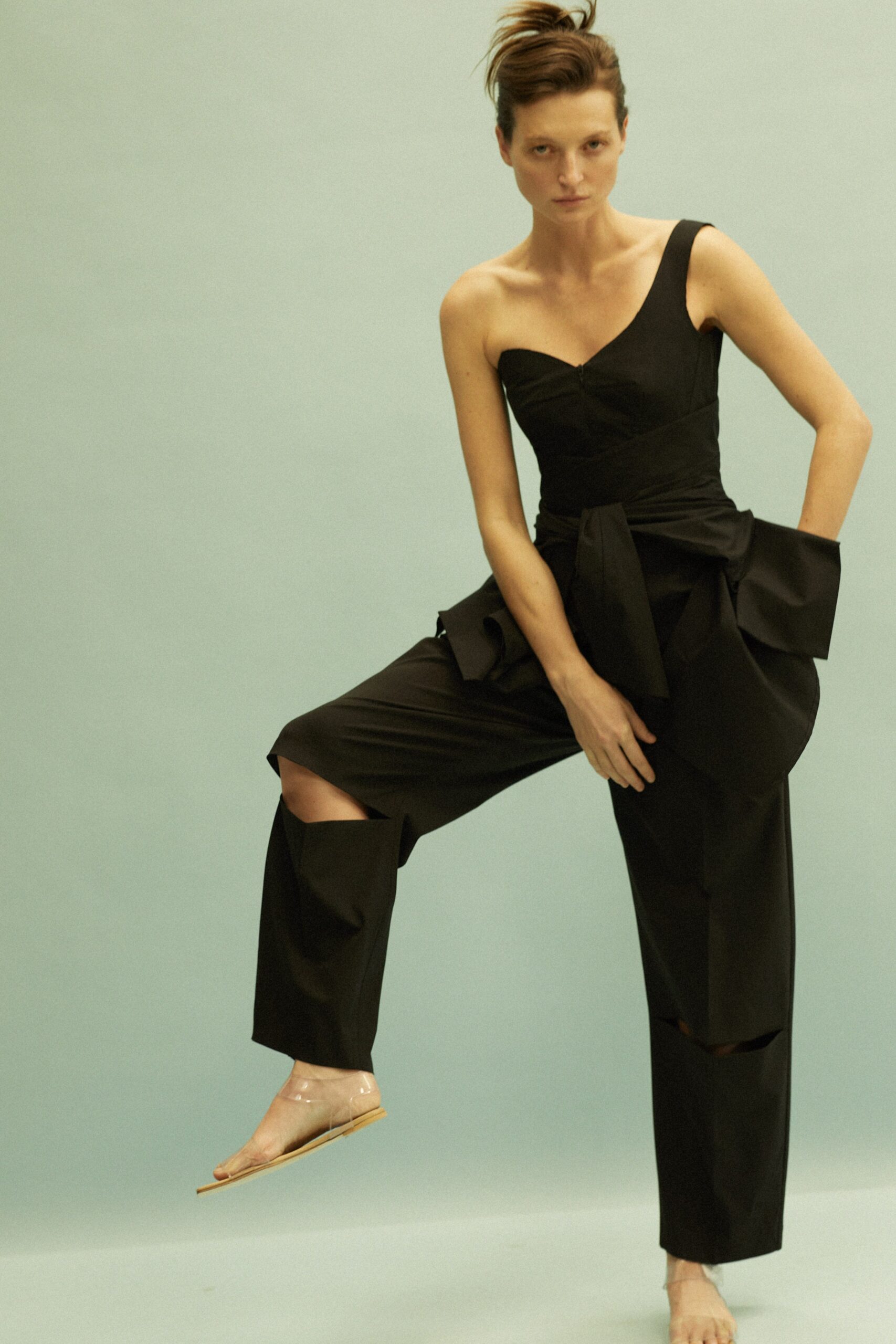black fitted asymmetric jumpsuit