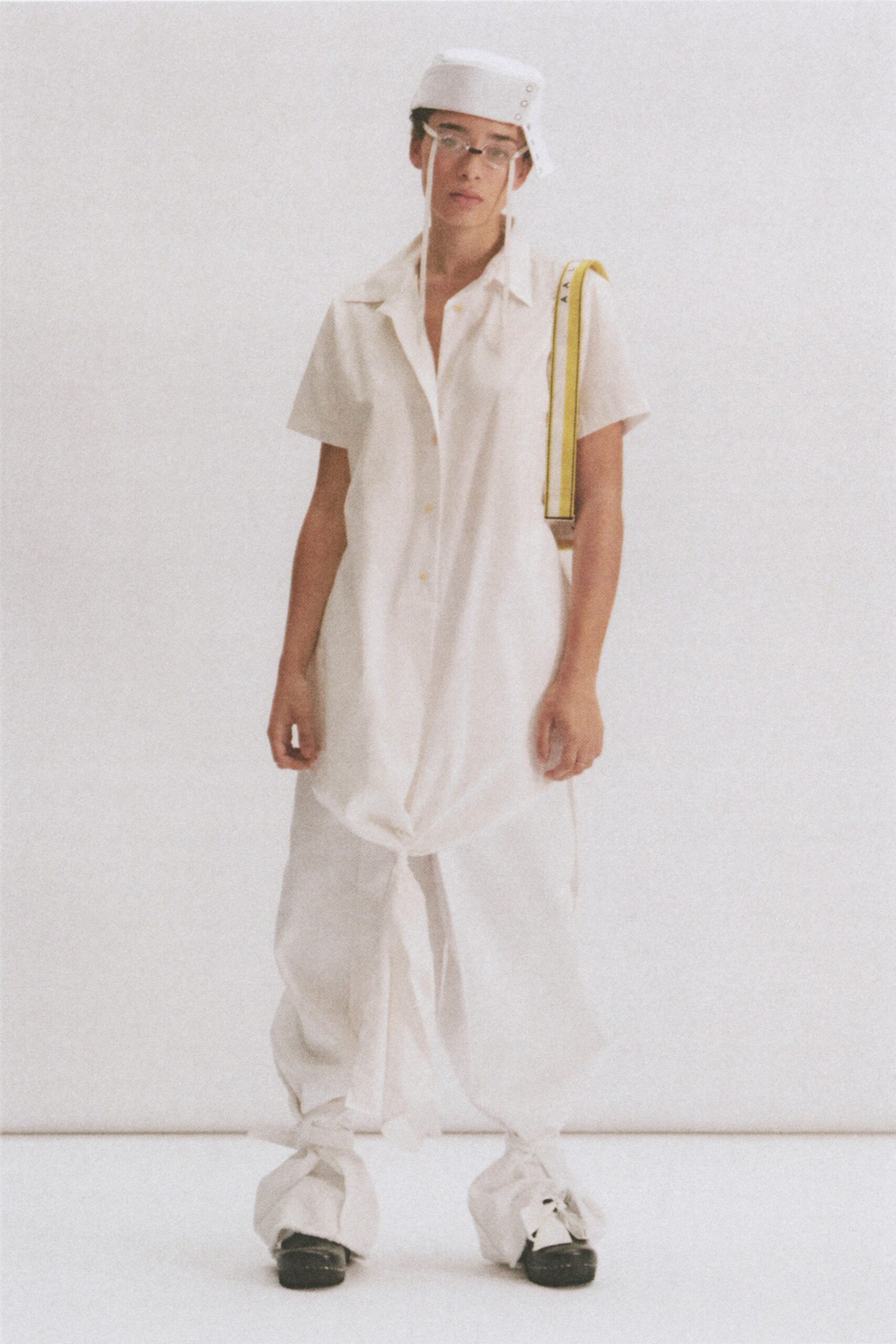 white relaxed shirt-dress with wide-leg pants