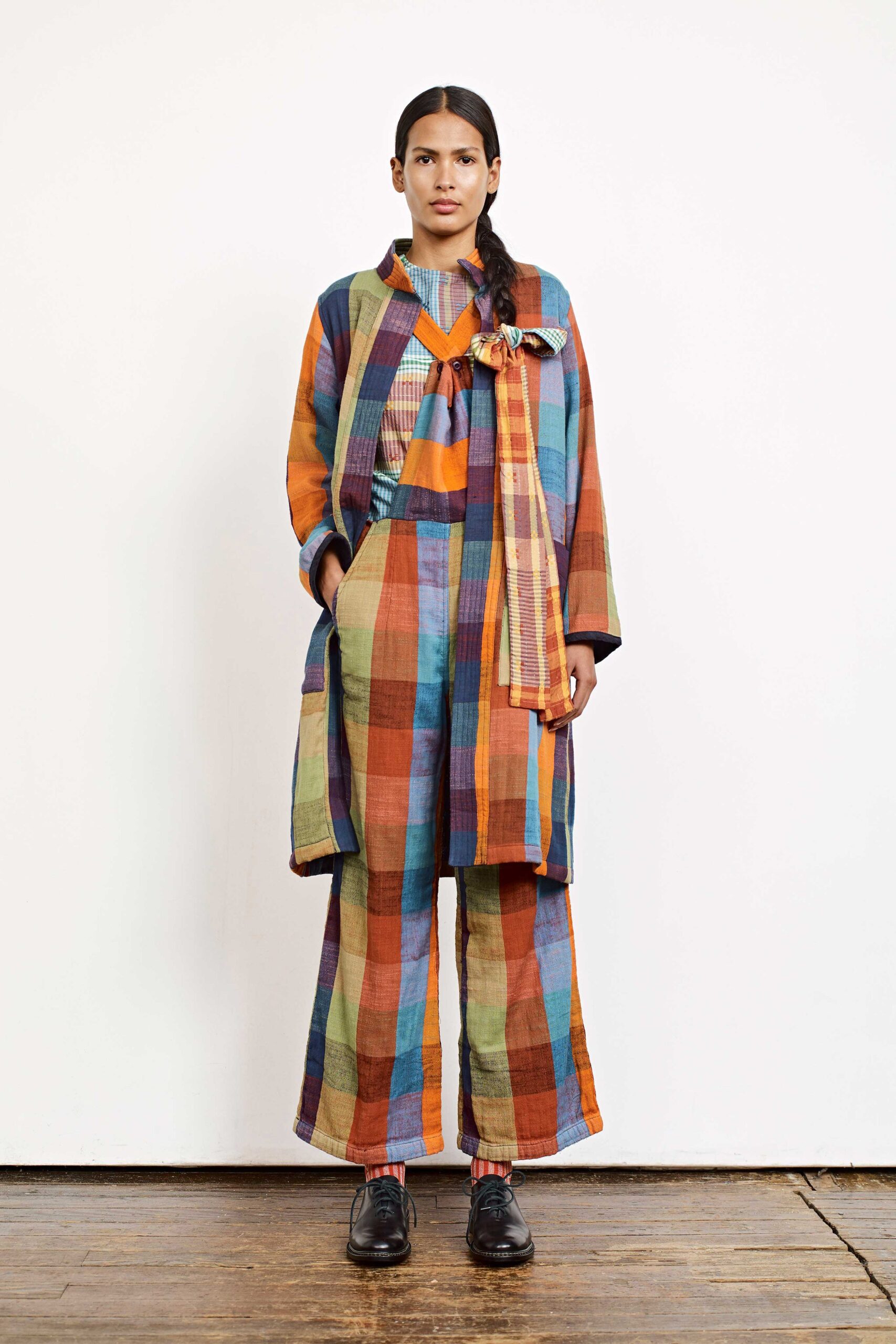 multi cotton long-sleeve collared relaxed layered coat