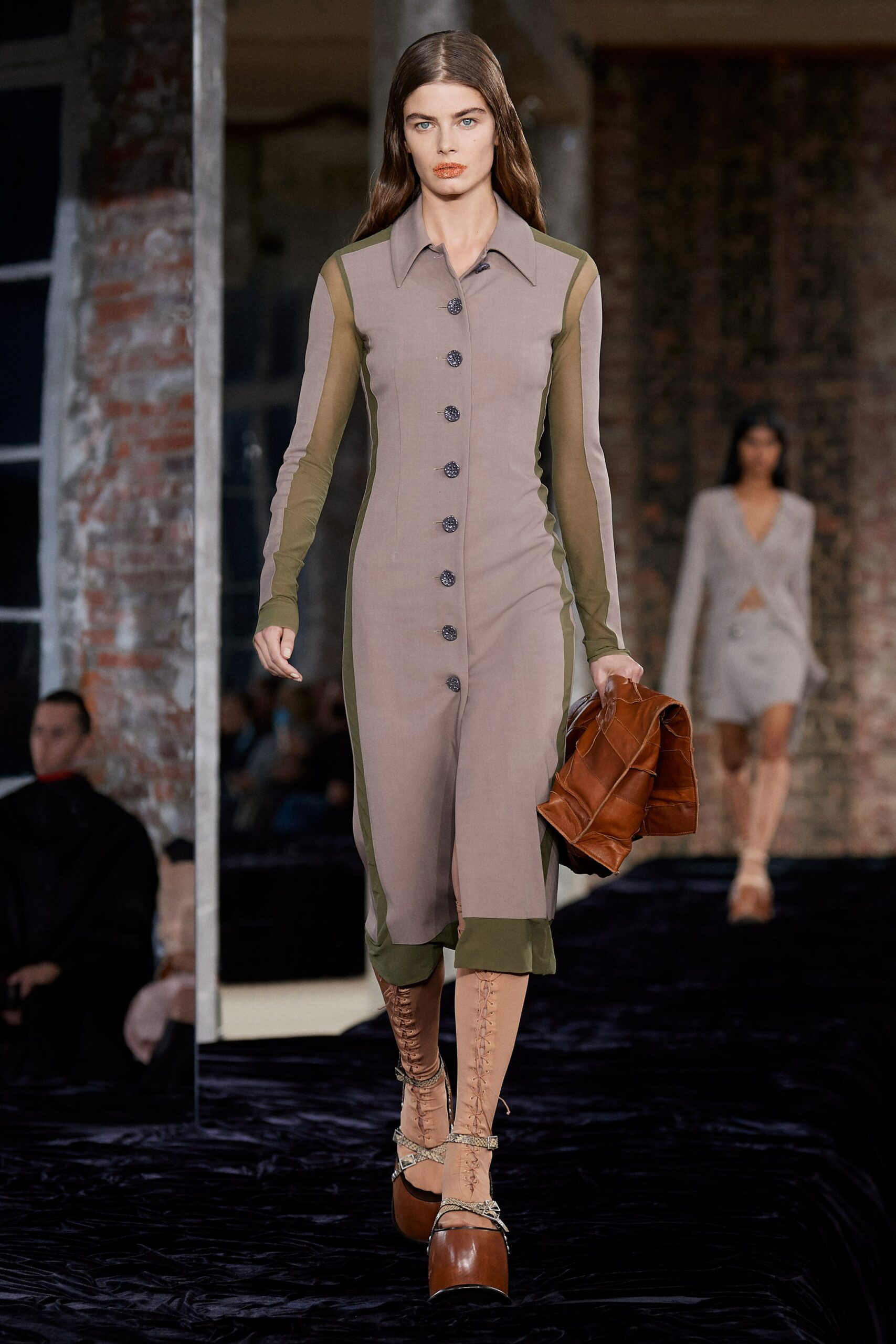 beige cotton long-sleeve collared fitted buttoned straight-leg dress