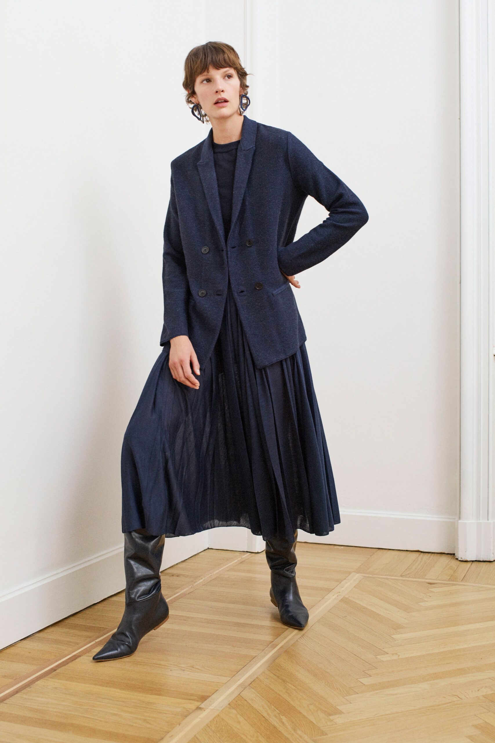 blue tailored blazer with pleated skirt