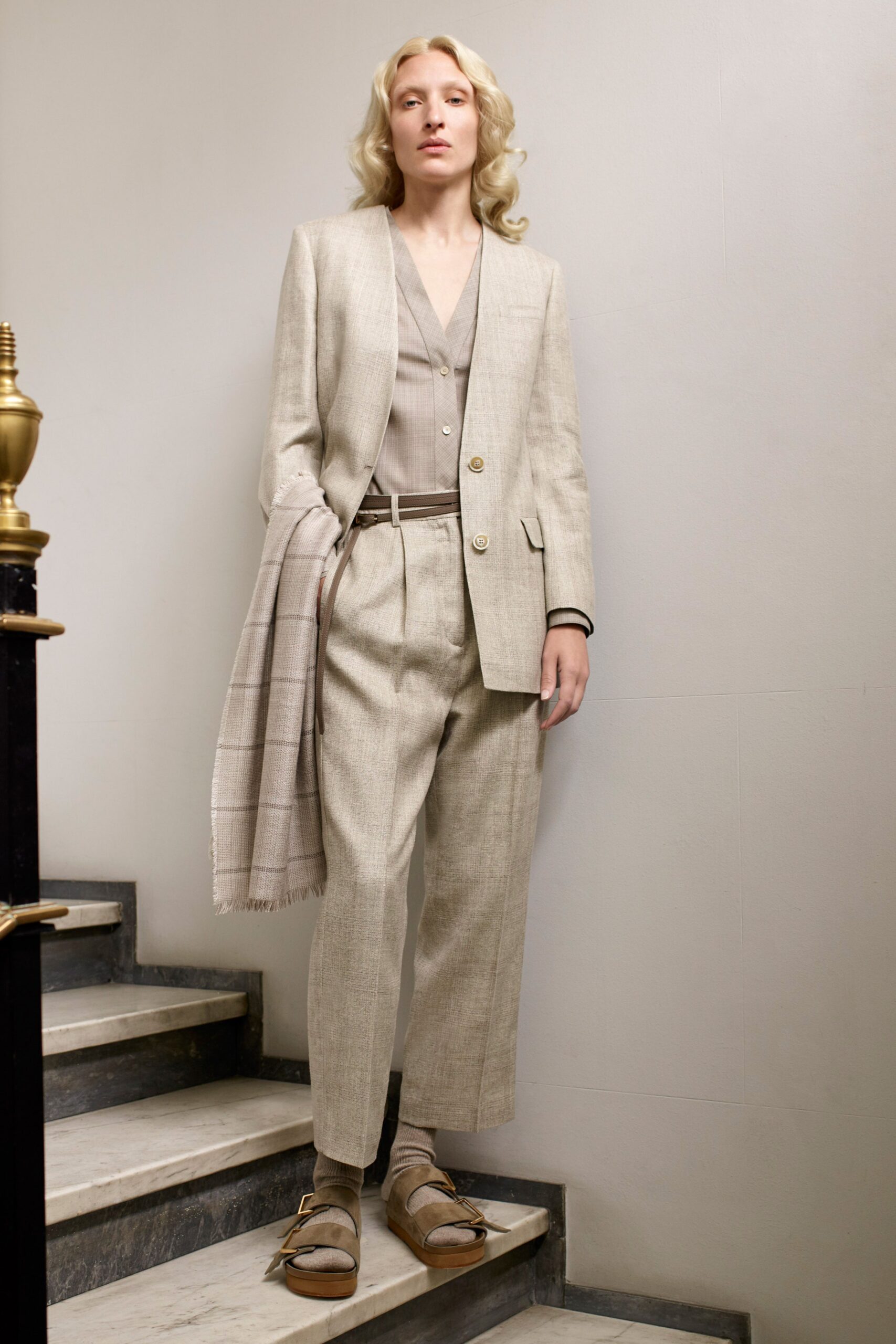 beige linen long-sleeve collared tailored buttoned pencil suit