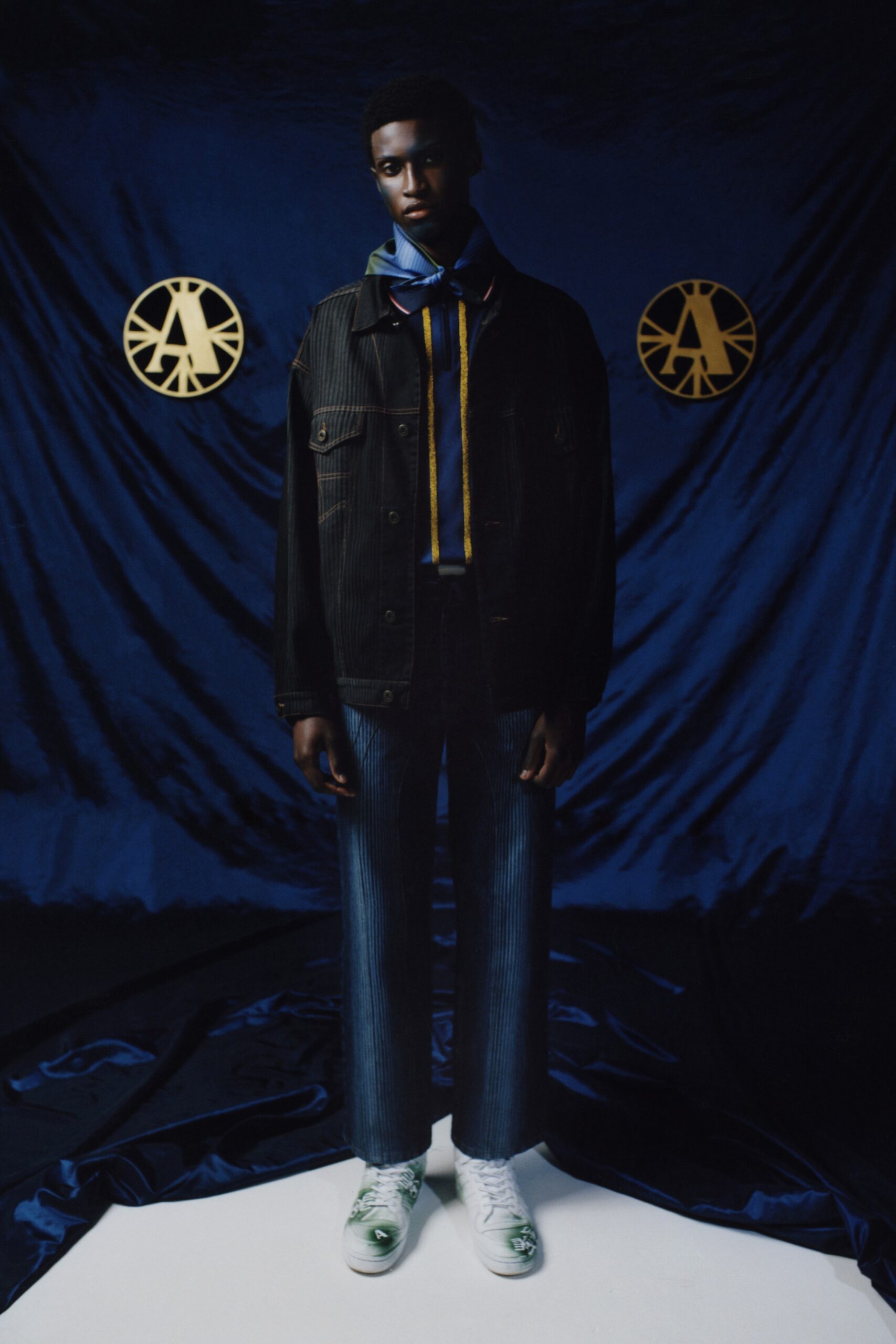 black denim jacket with blue shirt