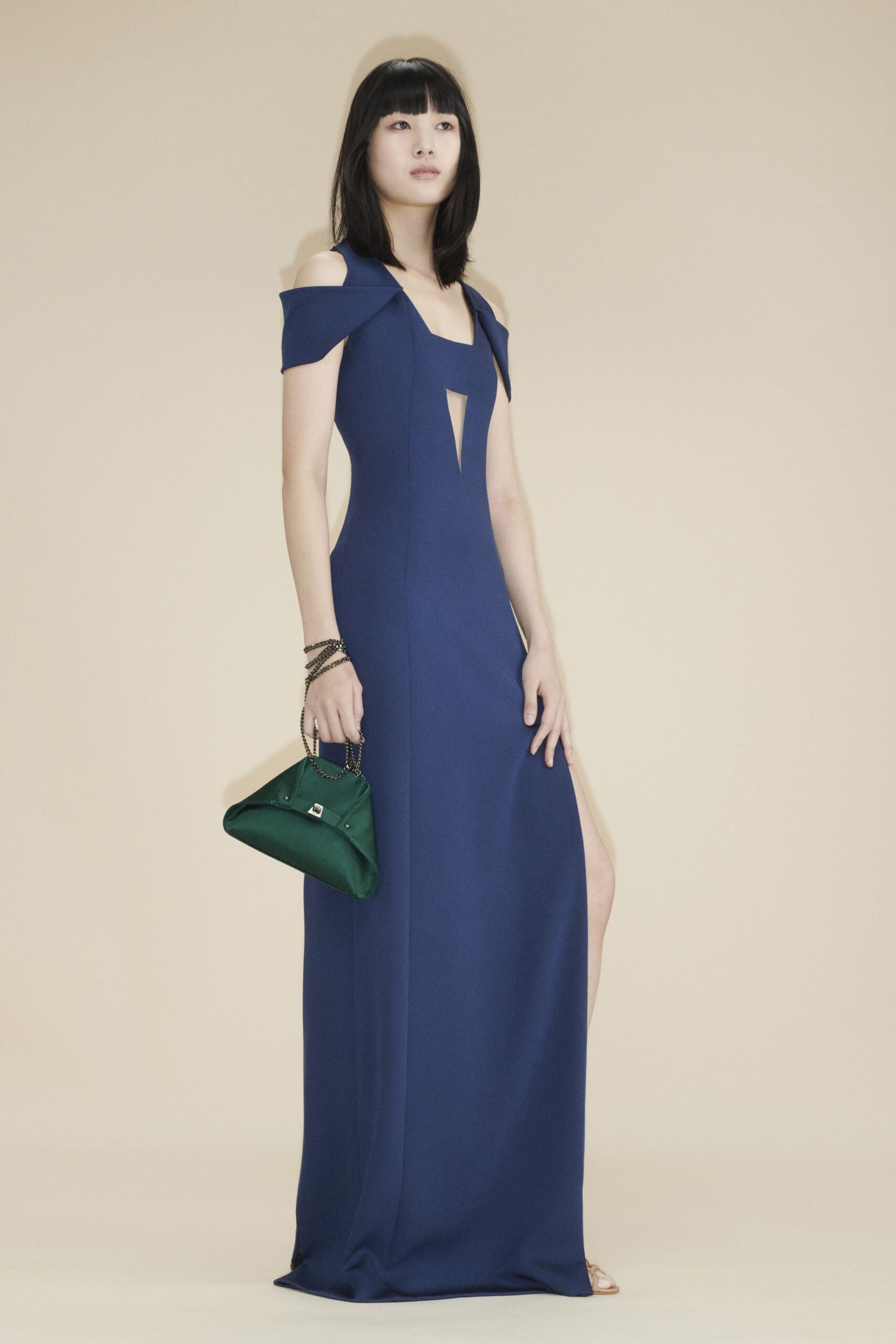 blue cotton sleeveless off-shoulder fitted maxi gown