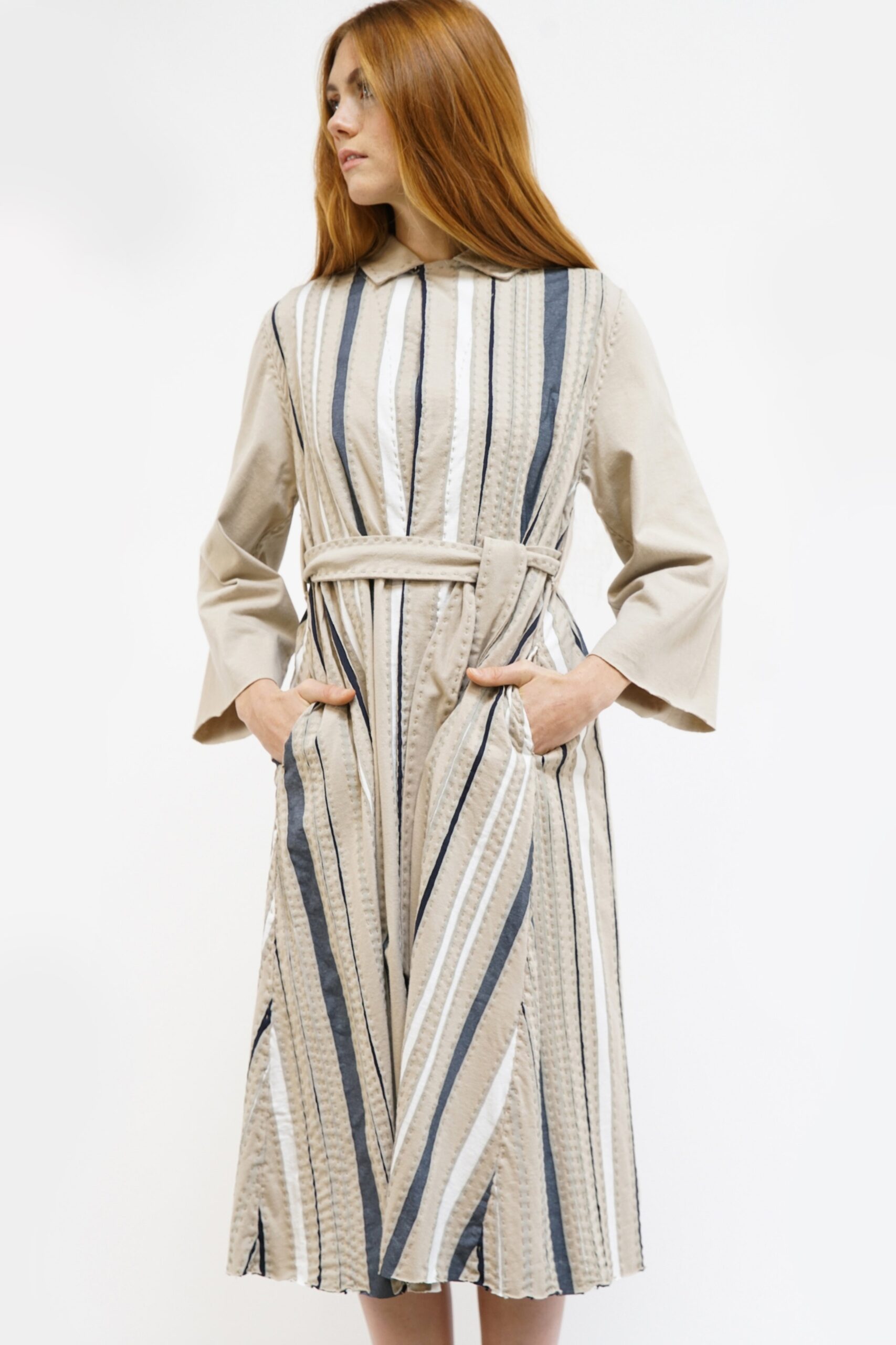 beige and blue striped midi dress