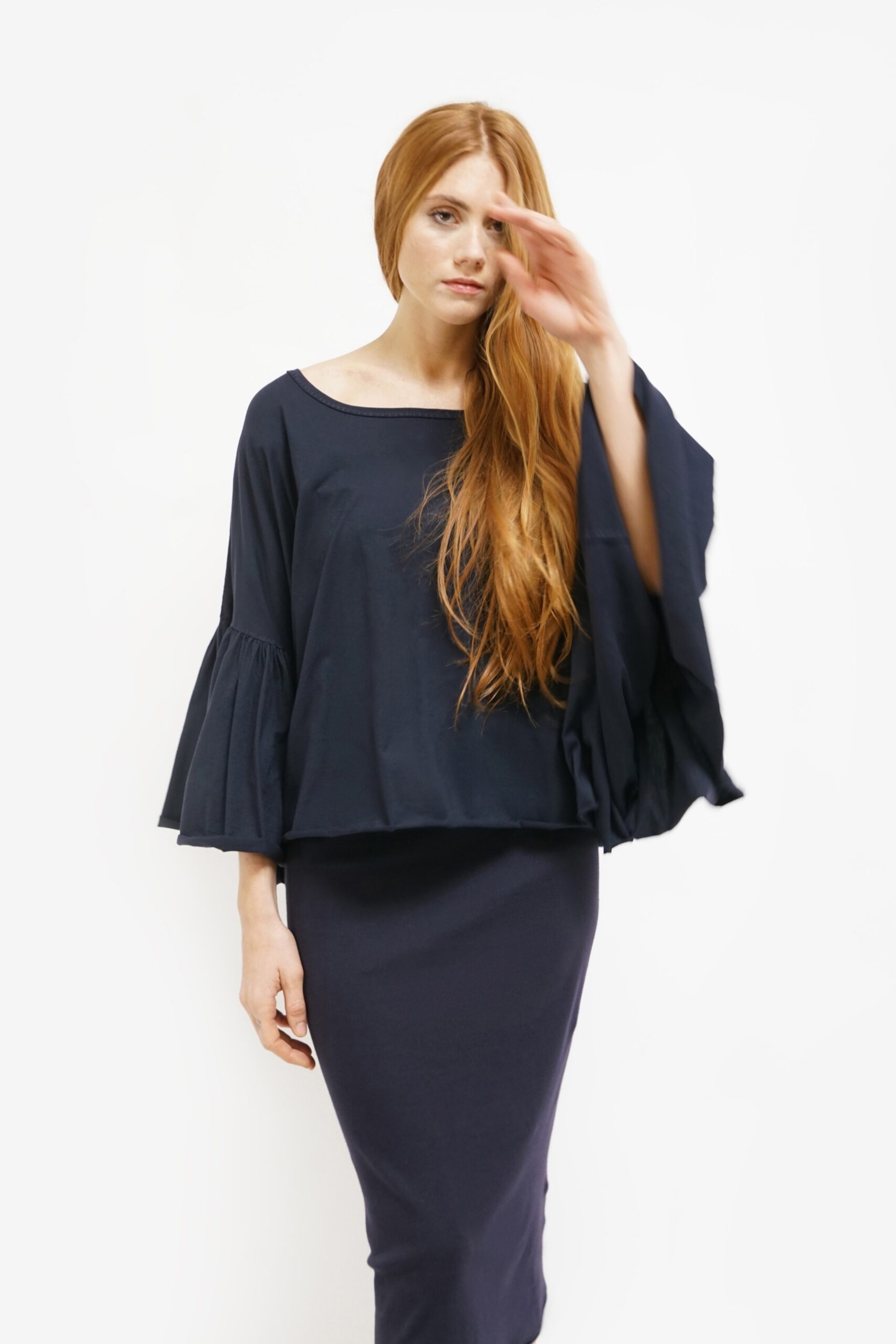 navy relaxed top and fitted skirt