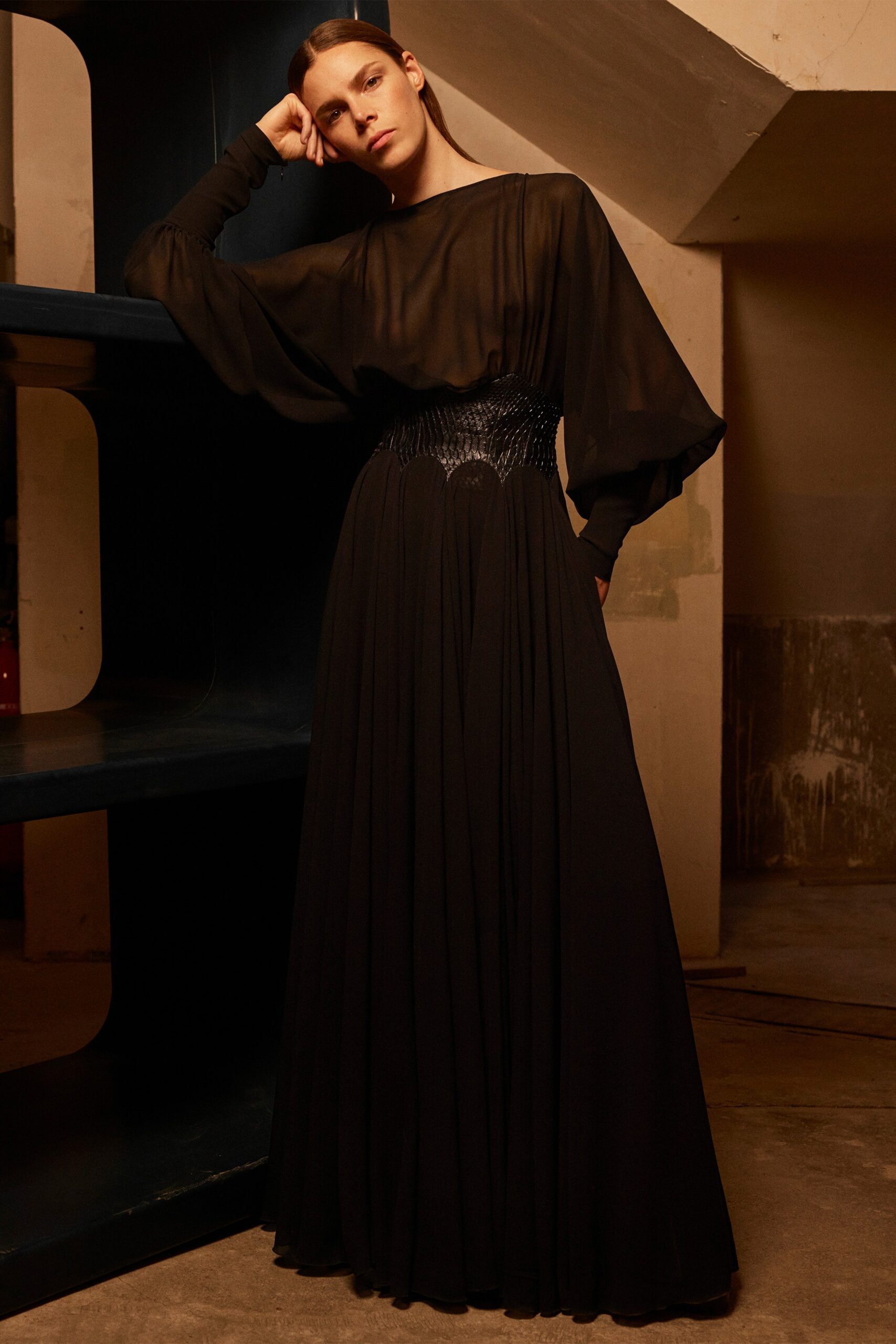black chiffon long-sleeve gown