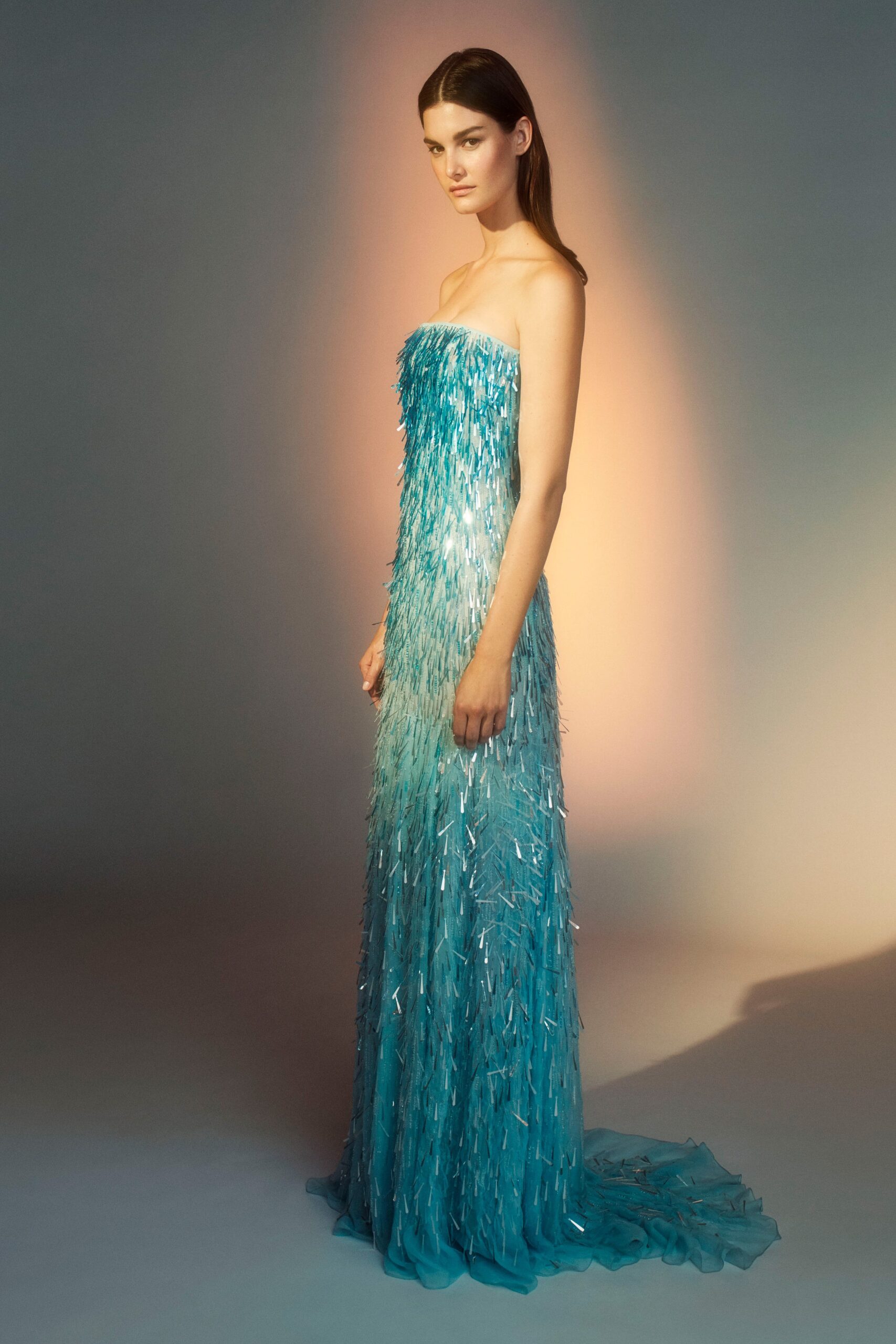 blue silk strapless gown