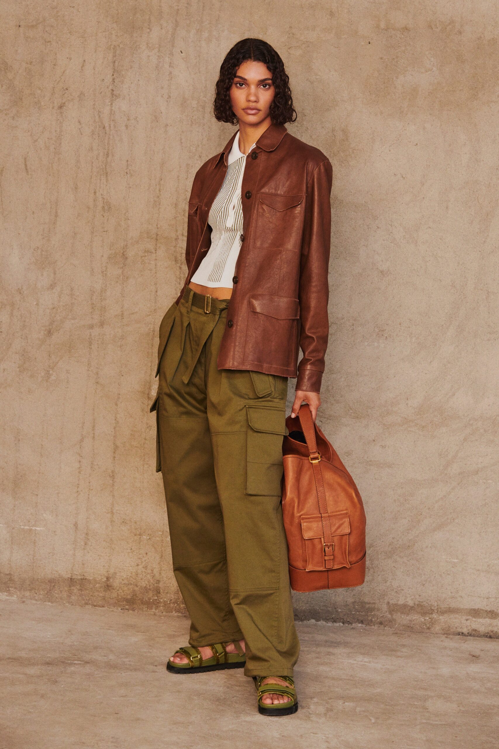 brown leather jacket with cargo pants