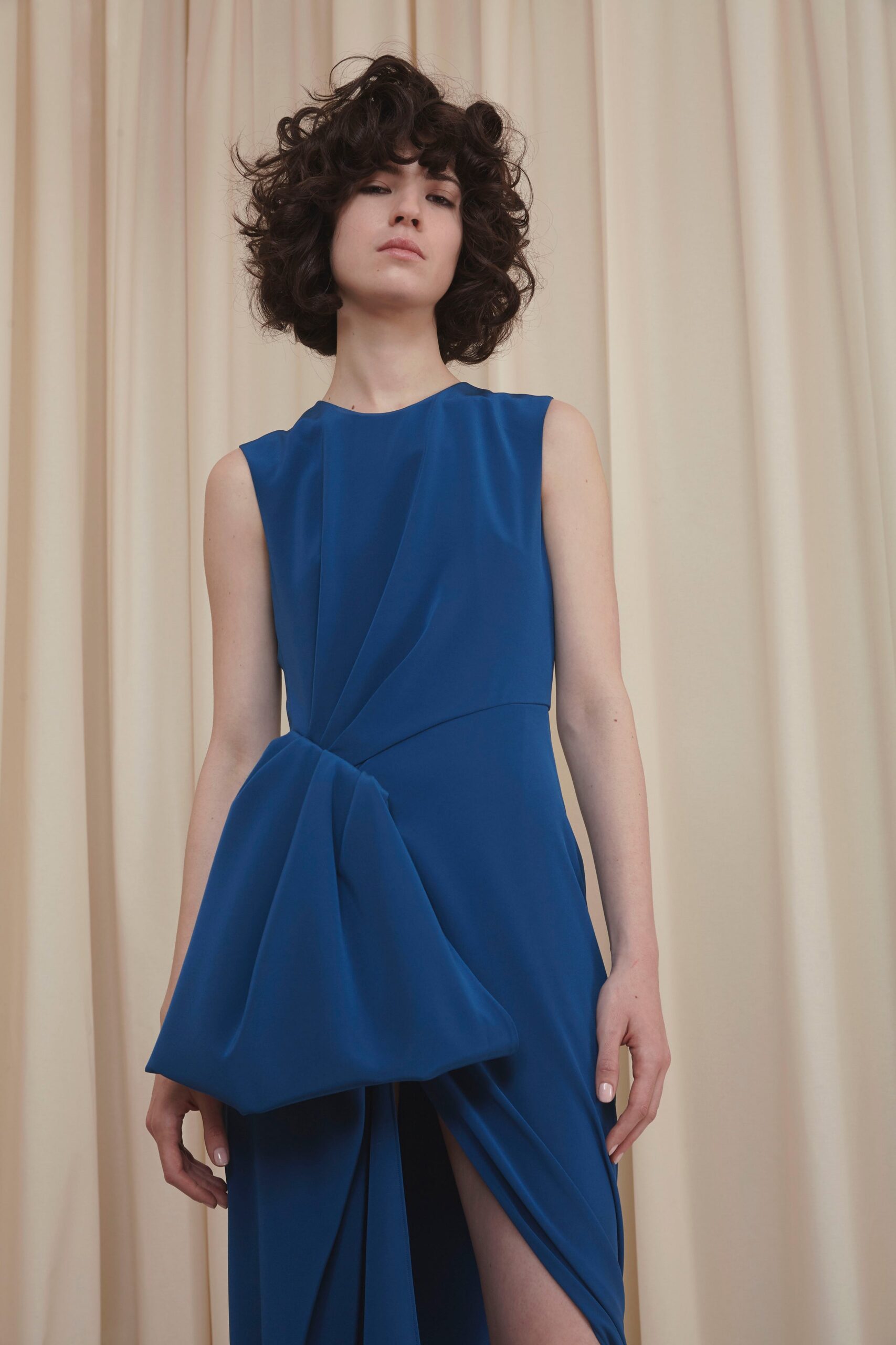 blue silk fitted dress