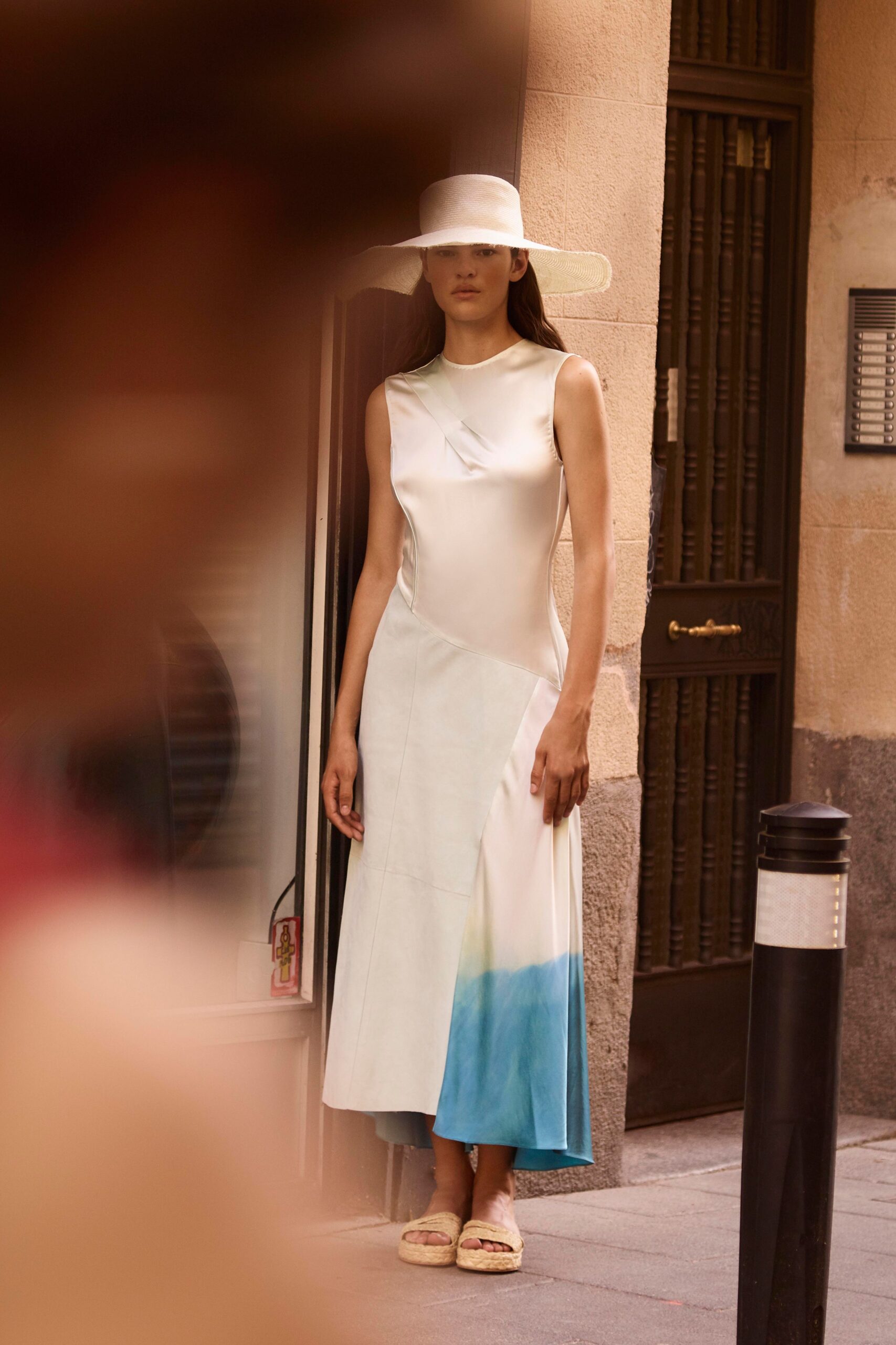 white silk color-blocked midi dress