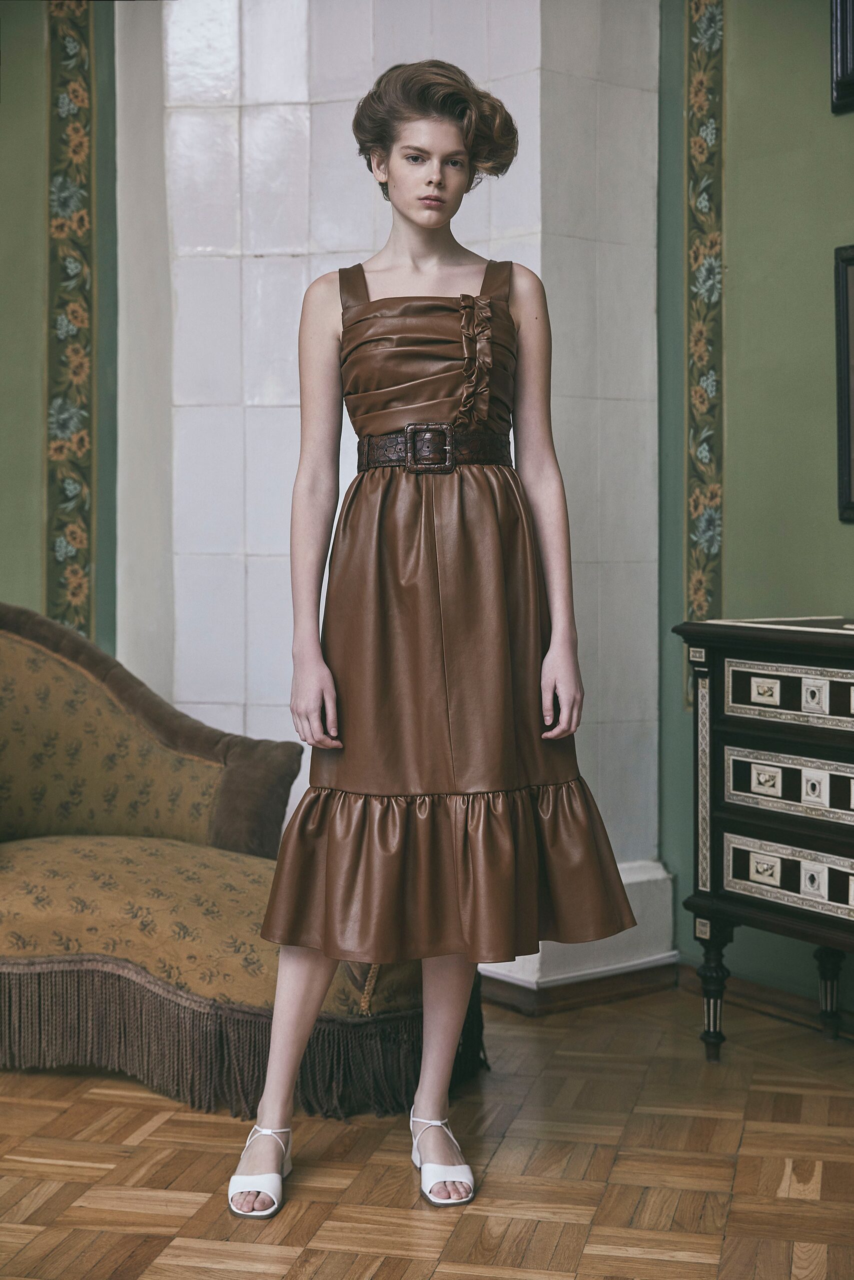 brown leather sleeveless dress